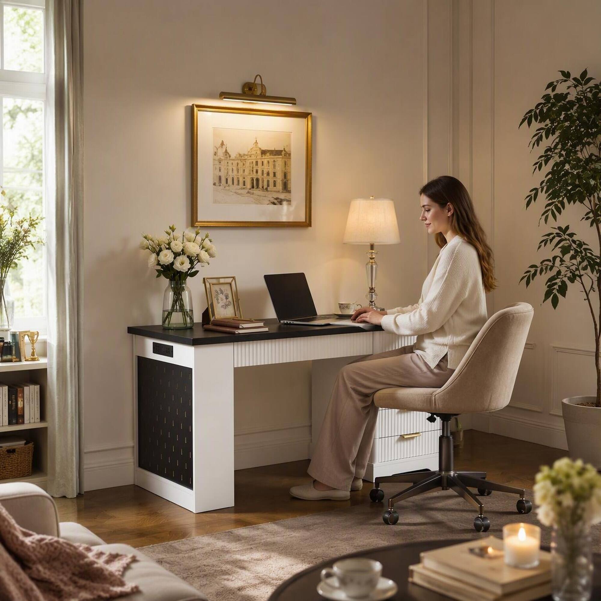 Angle. RYHNUYNE - 55.12 in White Fluted Office Desk, MDF Computer Writing Table with Power Outlet, Pegboard, Storage Cabinet, Drawers - White.