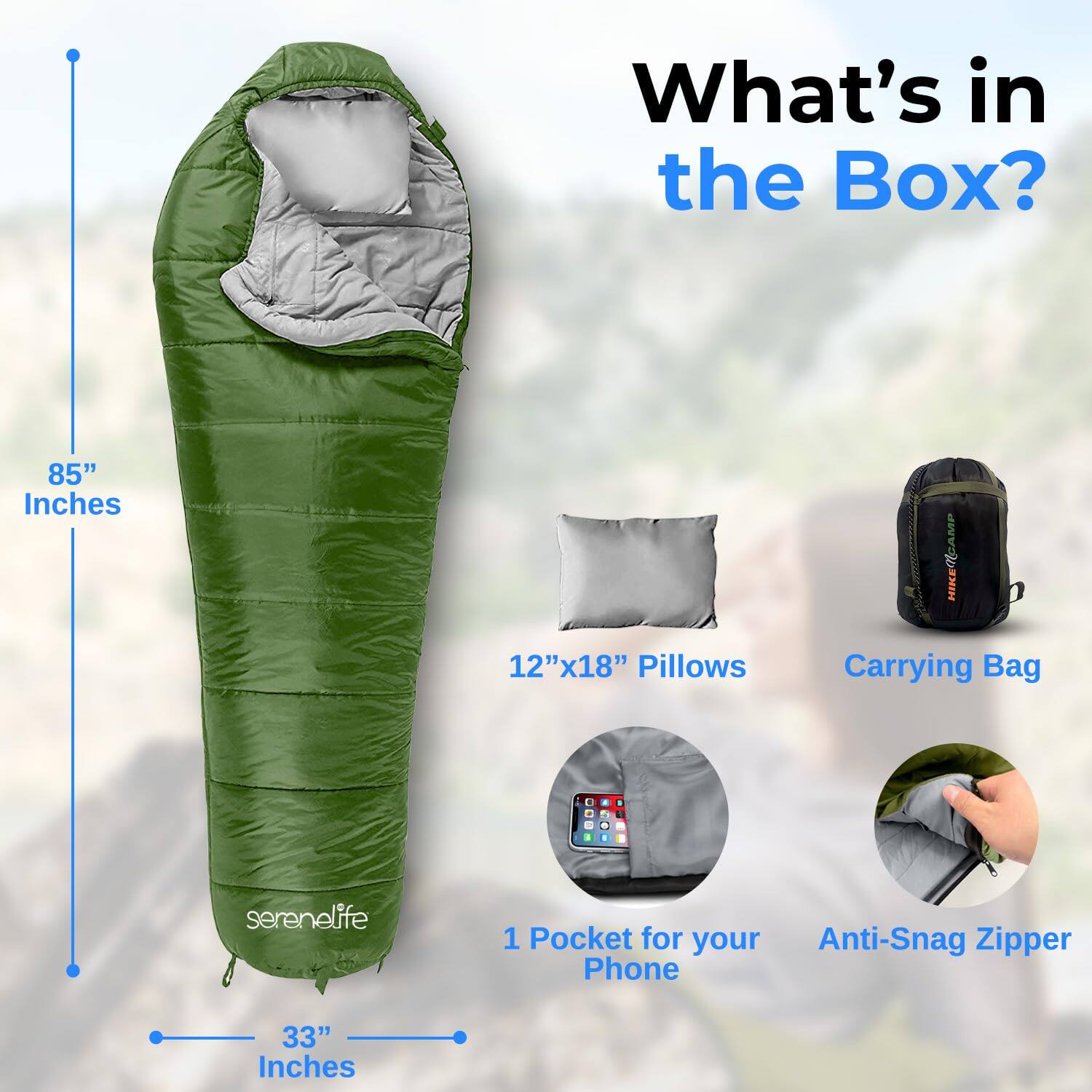 What's in the Box?

- 85" Inches
- 12"x18" Pillows
- HIKERCAMP Carrying Bag
- 1 Pocket for your Anti-Snag Zipper Phone
- 33" Inches