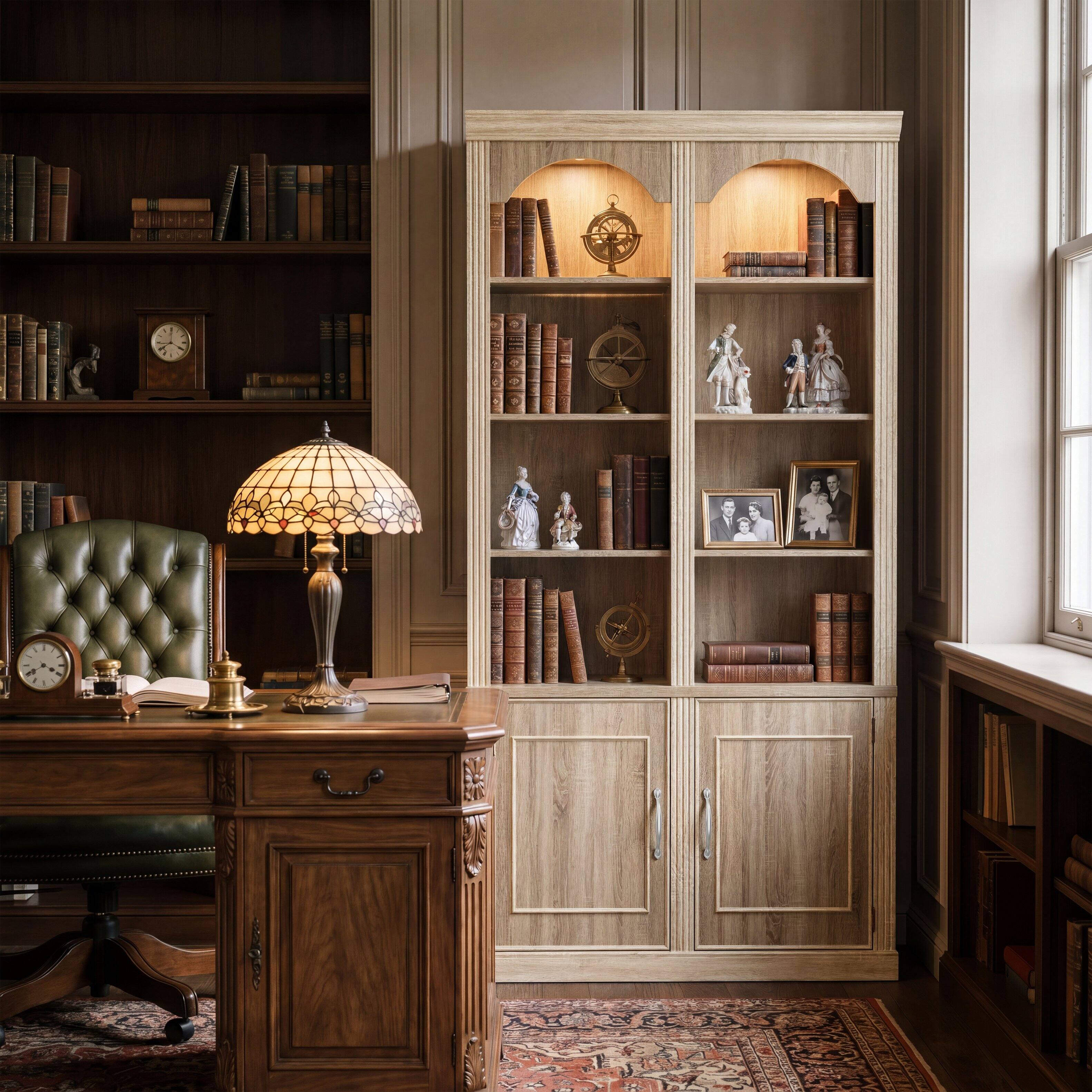 Angle. FUFU & GAGA - Tall Arched Display Cabinet with LED Lights, Wooden Bookcase with Storage Doors, 43" Wide Cabinet for Home Office - Light Oak.