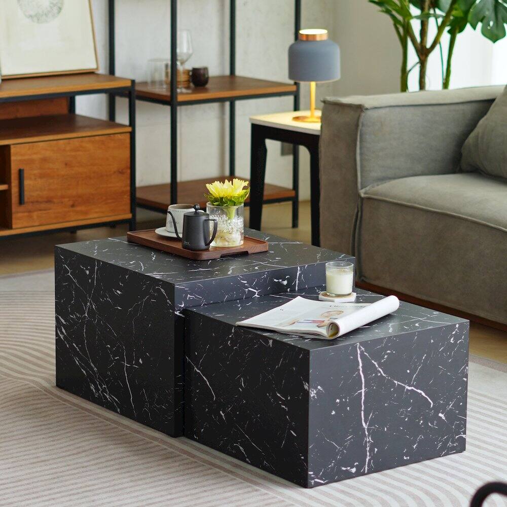 Back. Caffoz - Nesting Coffee Tables - Set of 2 Square Faux Marble Design - Marble Black.