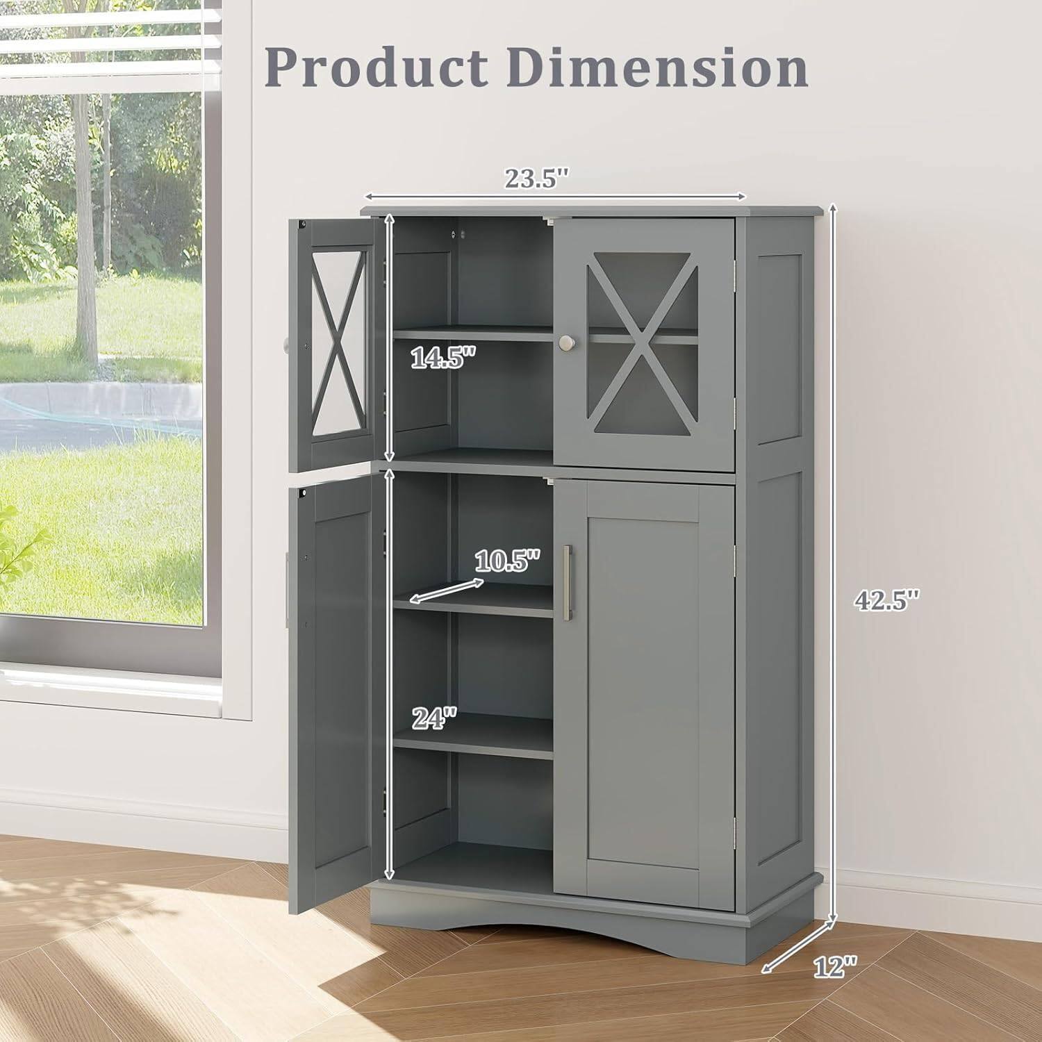 Product Dimension

- Width: 23.5"
- Height: 42.5"
- Depth: 12"
- Shelf 1: 14.5"
- Shelf 2: 10.5"
- Shelf 3: 24"