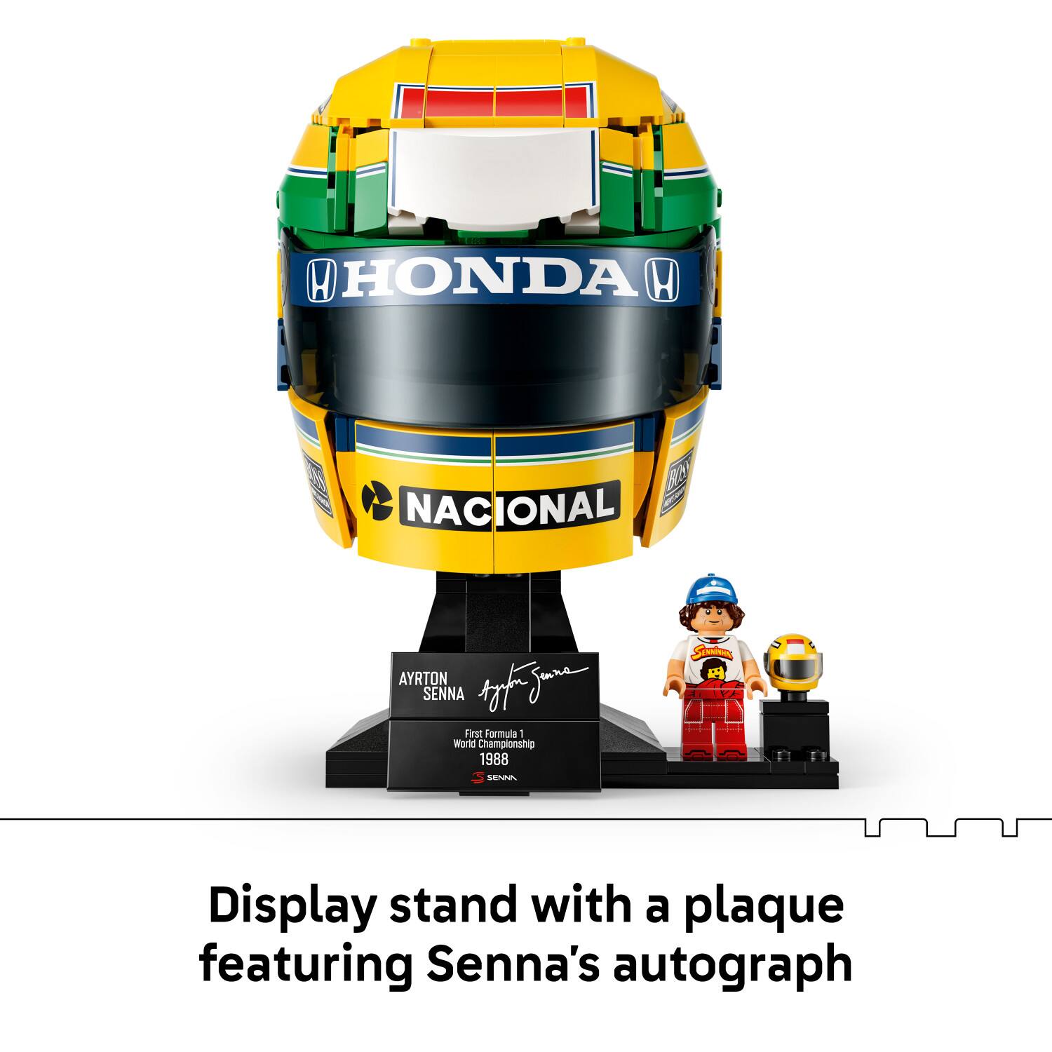 HONDA  
BLAS NACIONAL  
AYRTON SENNA  
First Formula I World Championship 1988  
SERVINGS BLAKE  
Display stand with a plaque featuring Senna's autograph