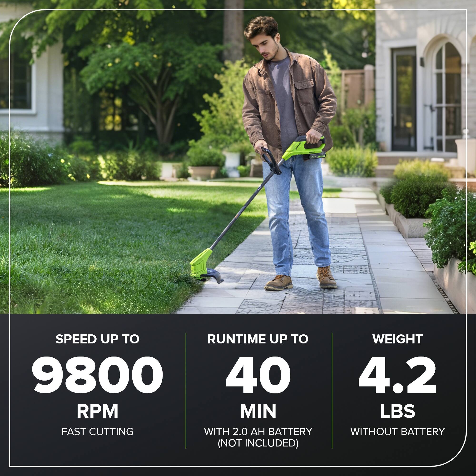 SPEED UP TO 9800 RPM  
RUNTIME UP TO 40 MIN  
WEIGHT 4.2 LBS  
FAST CUTTING WITH 2.0 AH BATTERY (NOT INCLUDED)  
WITHOUT BATTERY