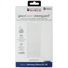 Designed for INVISIBLE SHIELD glassfusion visionguard+ Hybrid Glass Screen Protection + Blue Light Filter Protection d'écran en verre hybride + Filtre contre la lumière bleue EXTREME IMPACT PROTECTION Contains Anti-Microbial Treatment Anti-Microbial Treatment Protects Your Screen Protector + Protects from Digital Eye Strain with Enhanced Blue Light Filter with eyesafe Technology Case-friendly Coverage Adapté à toutes les coques 5G Compatible for/pour: Samsung Galaxy S21 5G