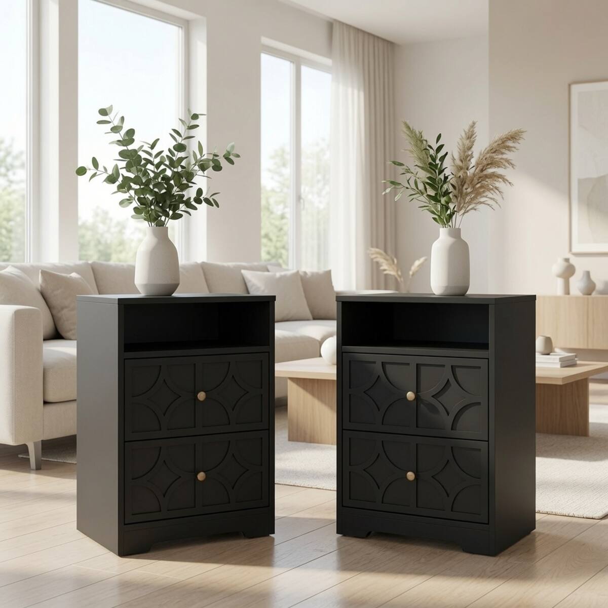 Alt View 1. Loheer - Loheer Set of 2 Black Nightstands with Charging Station, Two Drawers and Open Shelf, 18.9-Inch Wide - Black.