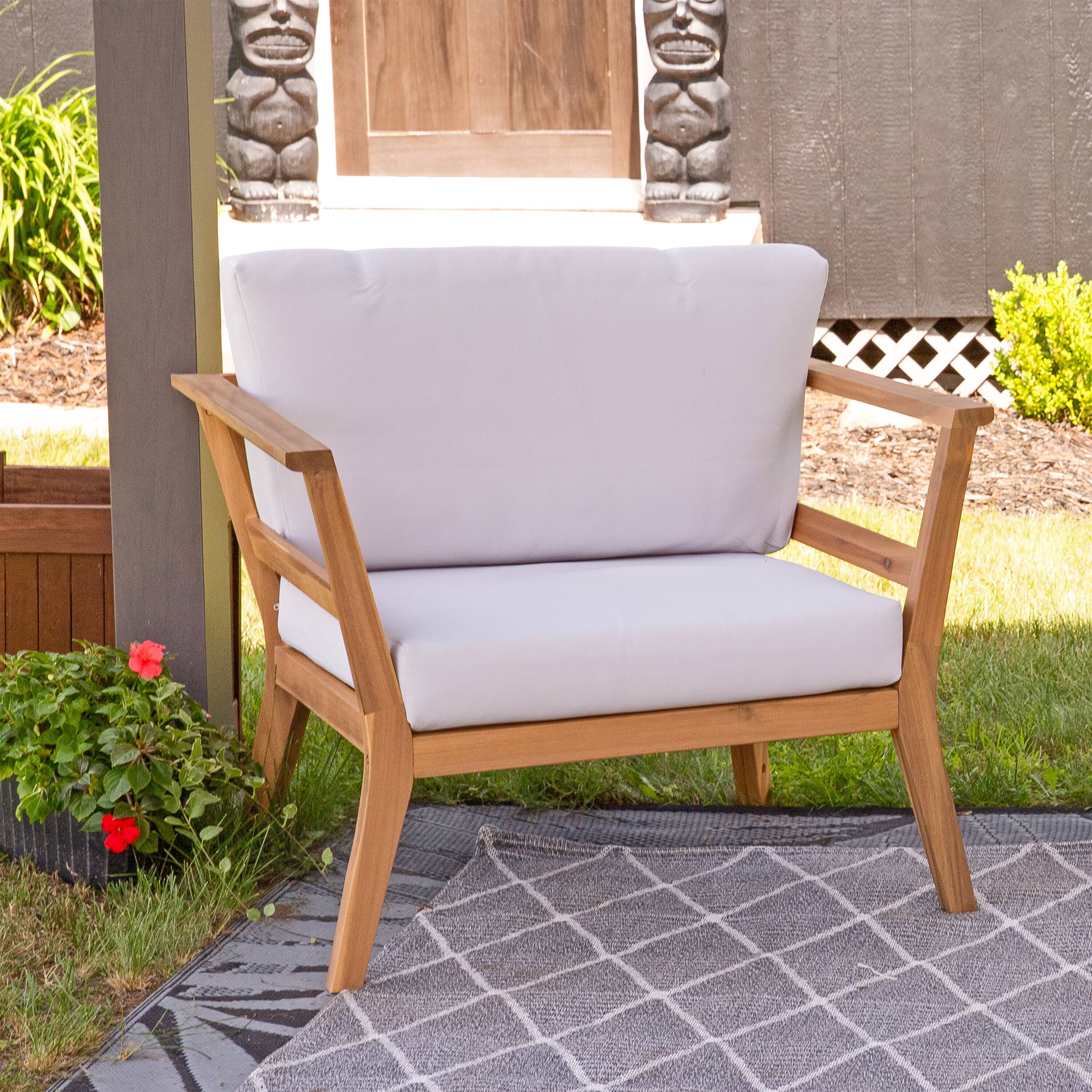 Alt View 10. Sunnydaze - Bodie Acacia Wood Patio Armchair with Cushions - Set of 2 - Natural/Bone White.