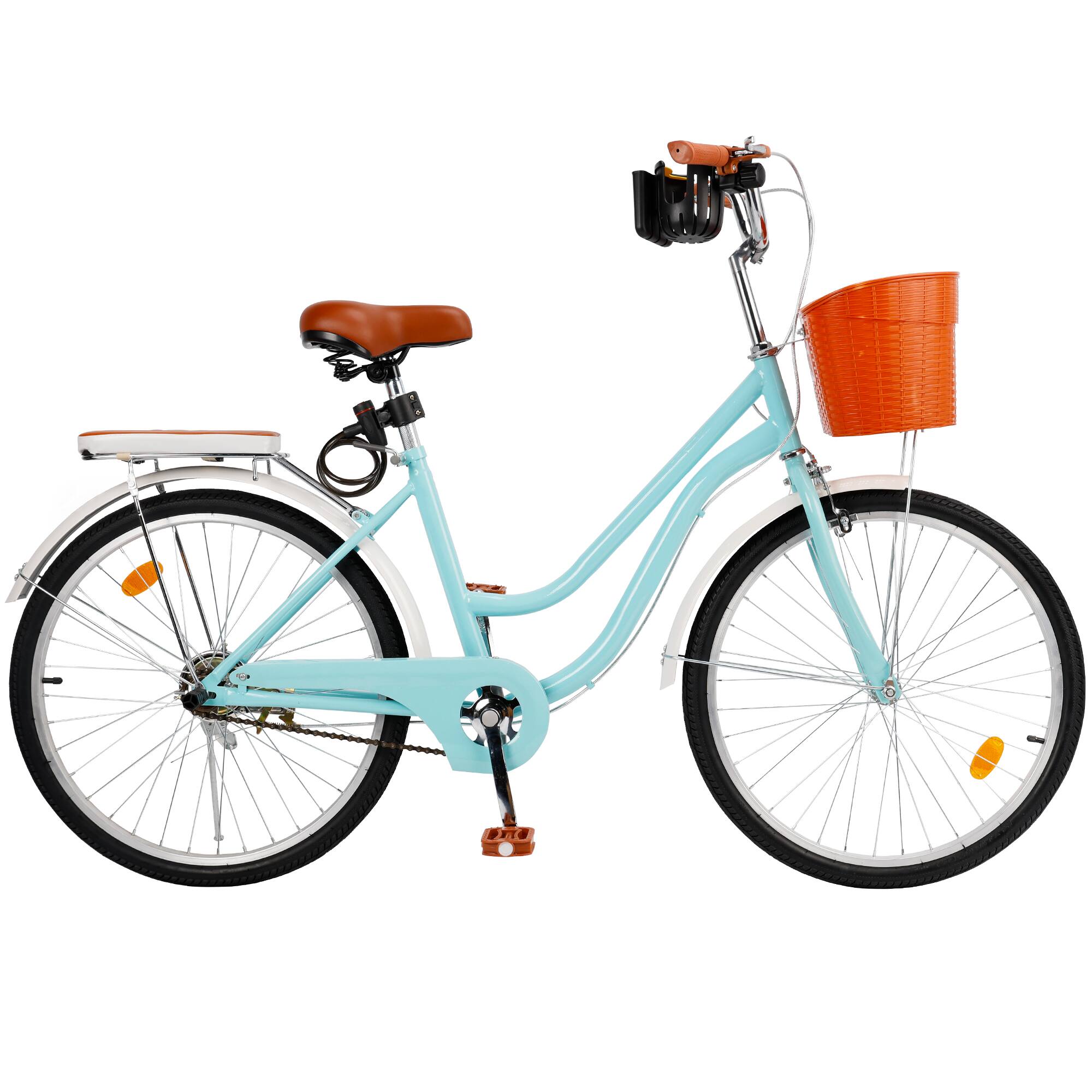 Left. Topteng - 26 Inch Beach Cruiser Bike for Adult -Low Step Design, Basket & Rack, High Carbon Steel Frame, Dual Brakes Bicycle Blue - Blue.