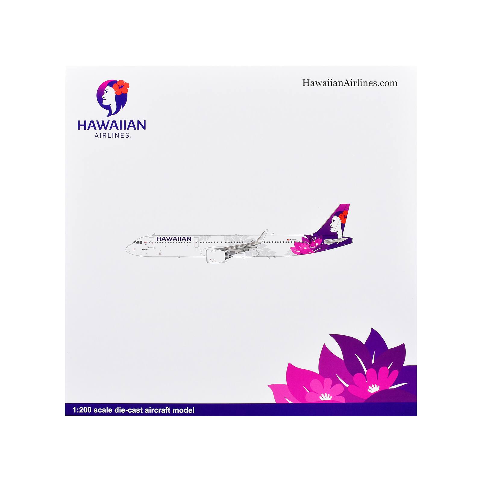 HawaiianAirlines.com  
HAWAIIAN AIRLINES.  
MB  
HAWAIIAN  
PEOPLE  
1:200 scale die-cast aircraft model