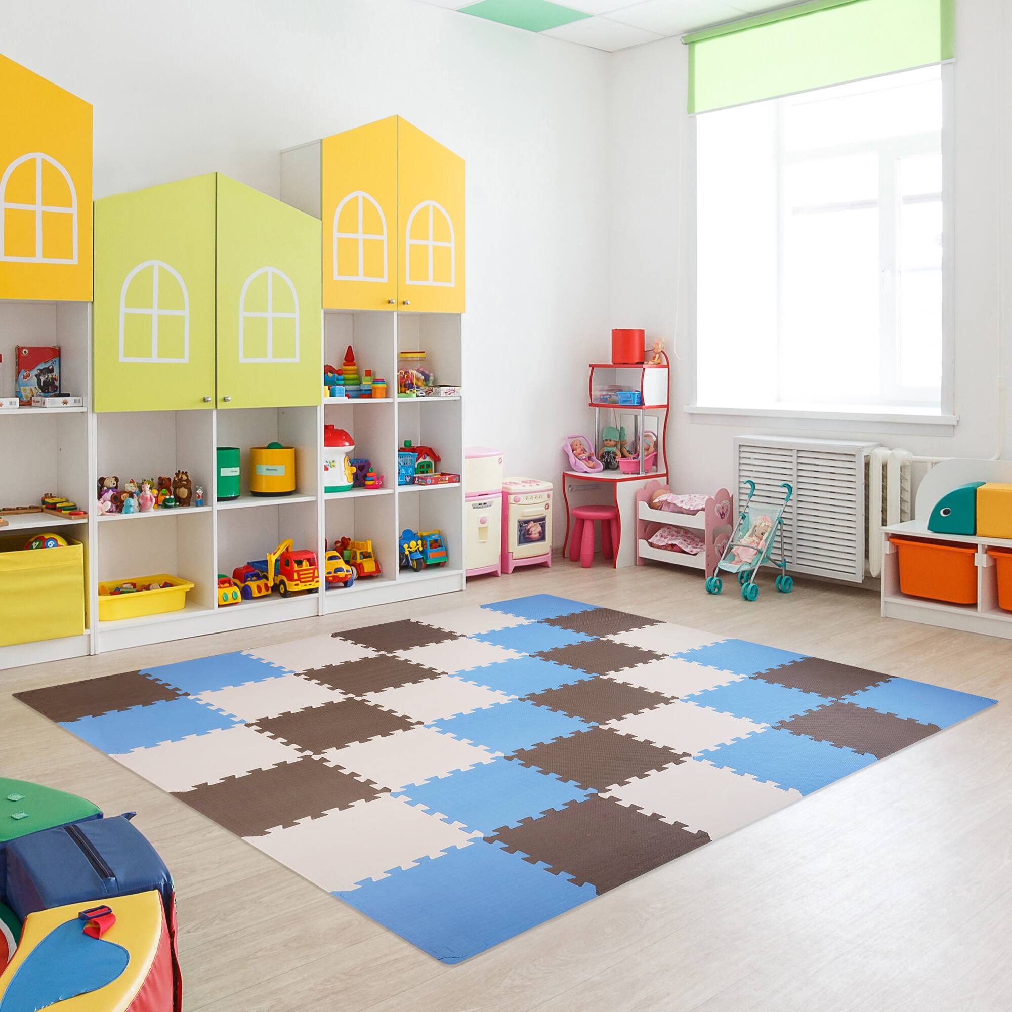 Alt View 3. BalanceFrom Fitness - BalanceFrom Fitness 36 Tile Thick Interlocking Puzzle Foam Exercise Play Mat - Blue/Brown/Beige.