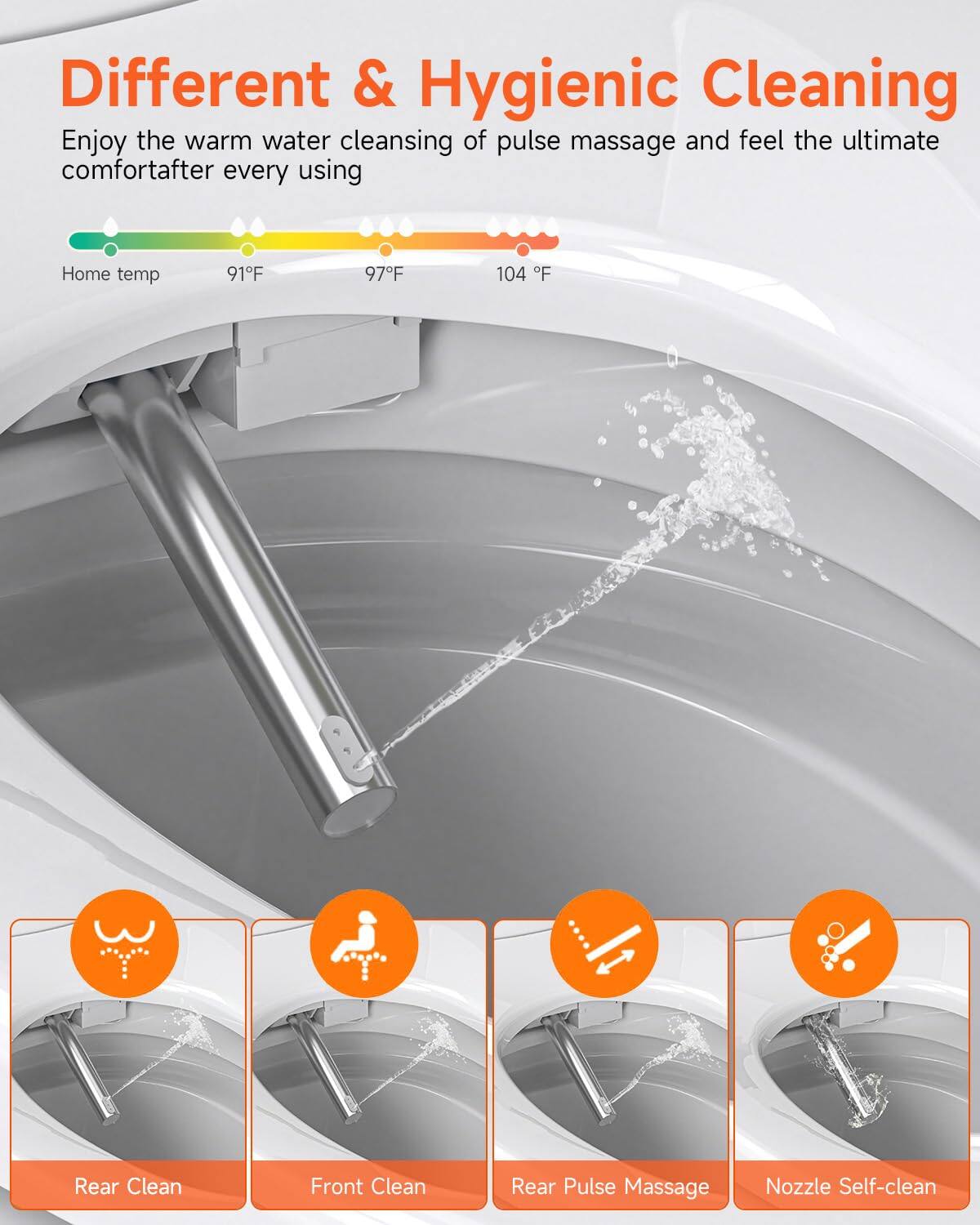 Different & Hygienic Cleaning

Enjoy the warm water cleansing of pulse massage and feel the ultimate comfort after every using

Home temp 91°F 97°F 104°F

Rear Clean  
Front Clean  
Rear Pulse Massage  
Nozzle Self-clean