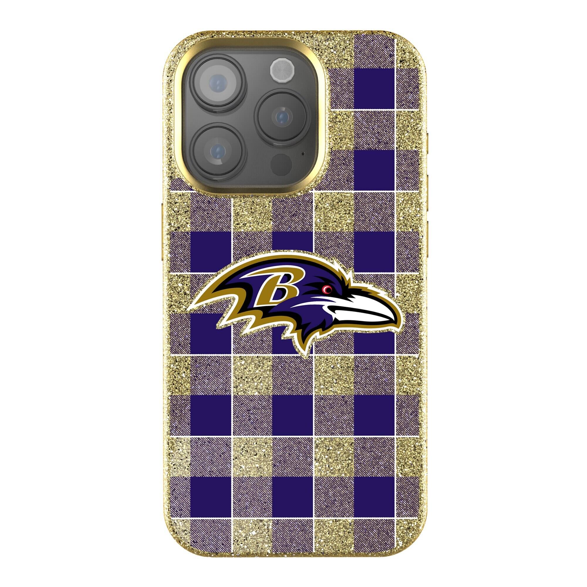 Front. Keyscaper - Baltimore Ravens Plaid Bling iPhone Case - 16 Pro - Gold.