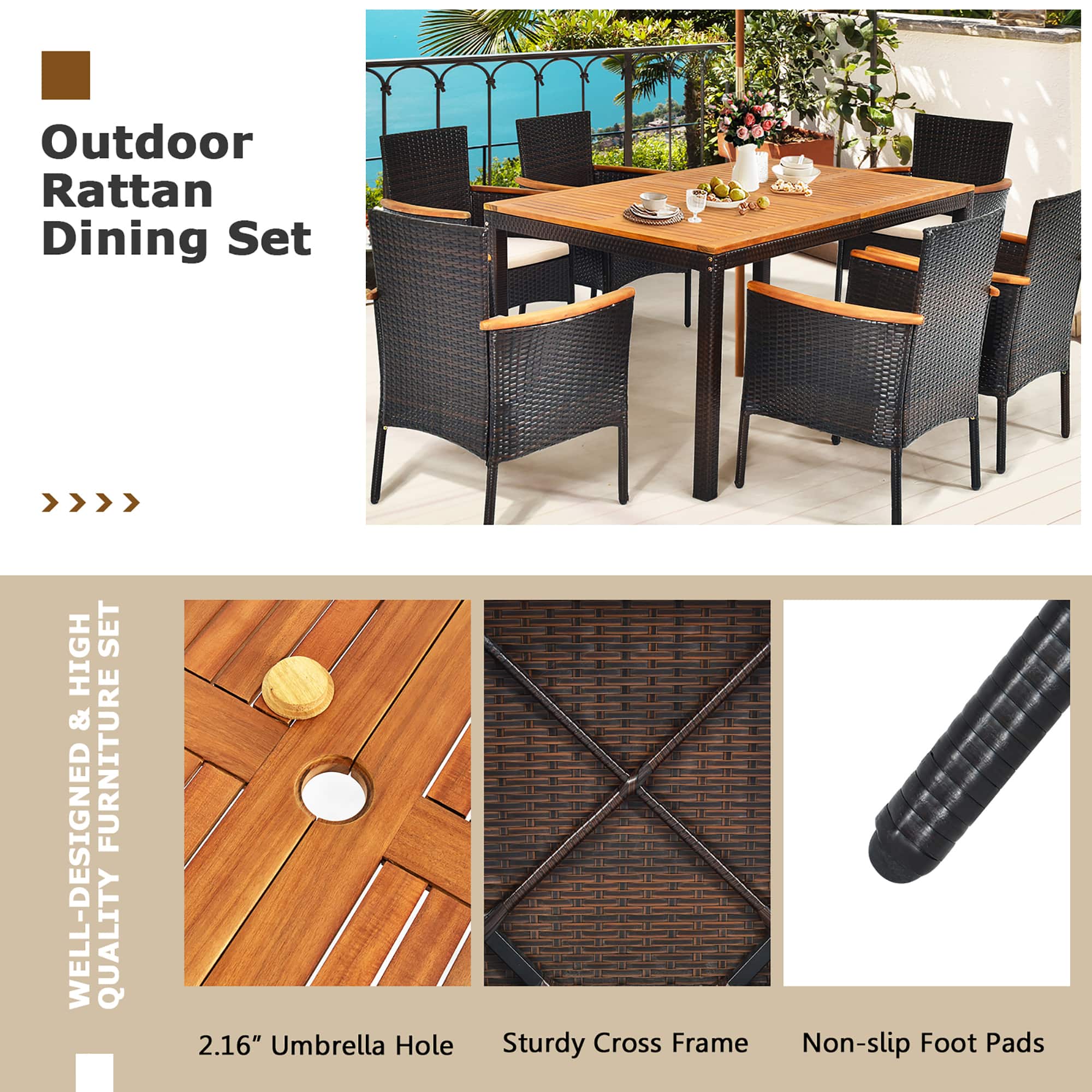 Outdoor Rattan Dining Set: High Set & Furniture Well-Designed with 2.16" Umbrella Hole, Sturdy Cross Frame, and Non-slip Foot Pads.