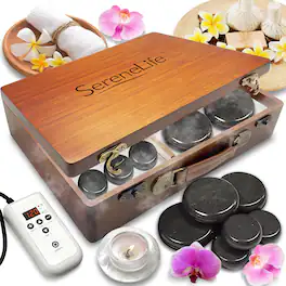SereneLife - Hot Stones Massage Kit with Warmer - Black