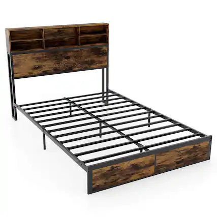 Front. Costway - Costway Full Bed Frame with Charging Station Storage Headboard Under-bed Storage Space - Brown.