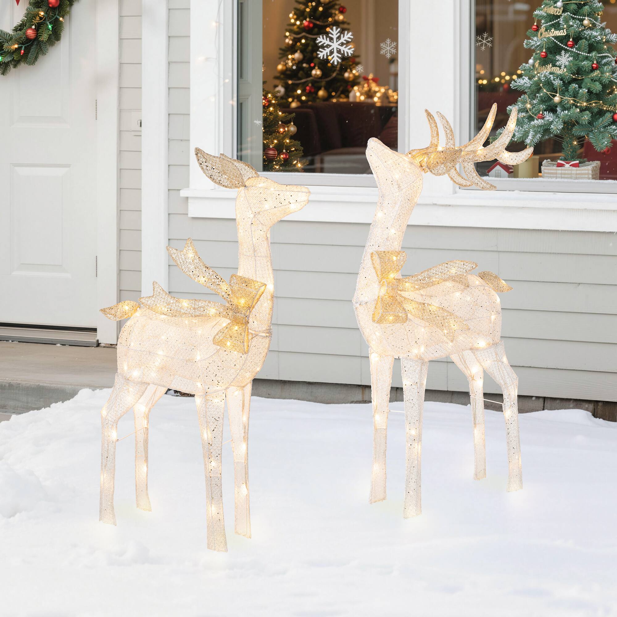 Alt View 5. Glitzhome - 43"H Set of 2 3D Glittered Fabric Reindeers with 170 LED Lights - Multi-Colored.