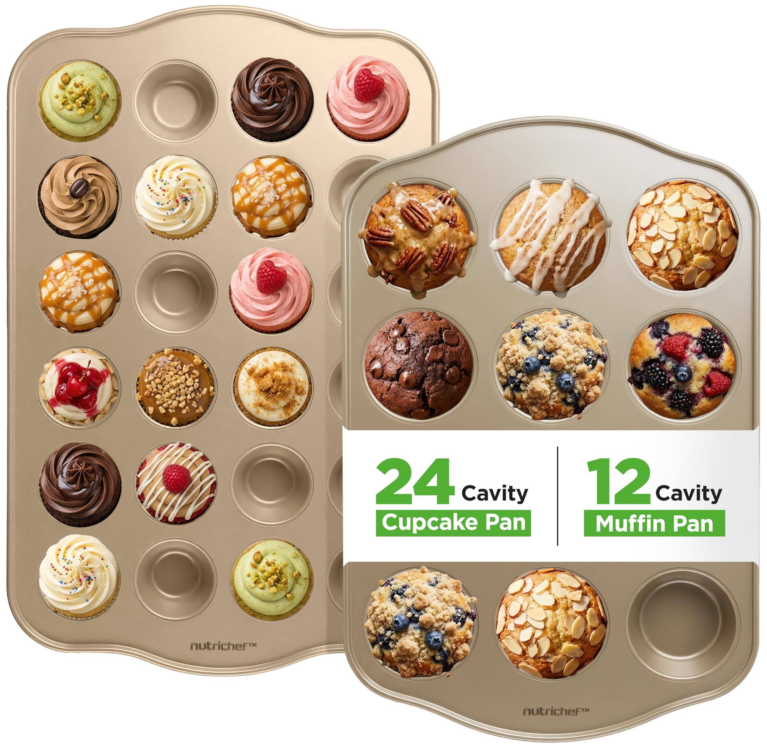 NutriChef 2 Pan Muffin & Cupcake Tray Set – 12 Cavity Muffin & 24 ...