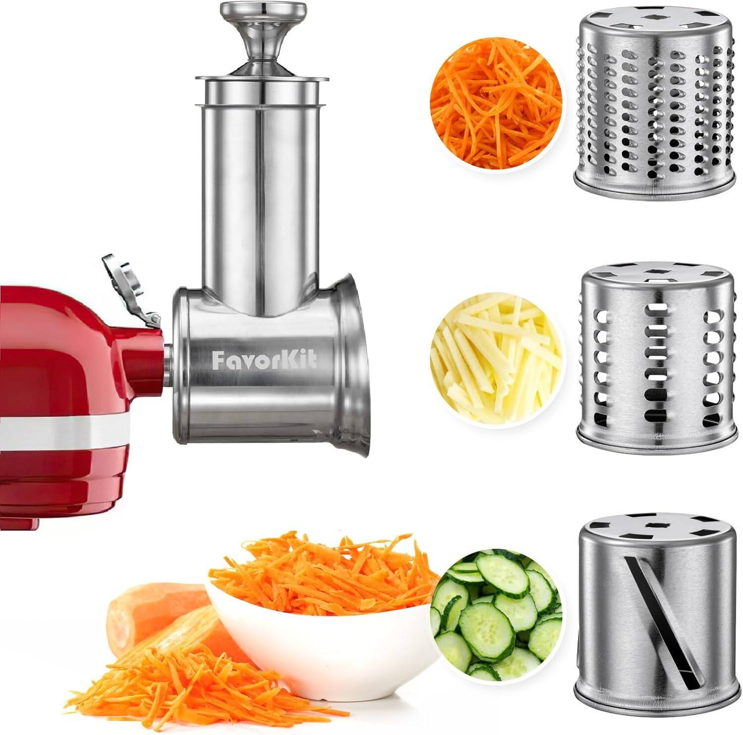 Front. Schertz - A dishwasher-safe grating and slicing accessory for KitchenAid mixers. Includes three interchangeable stainless steel bl - Metal silver.