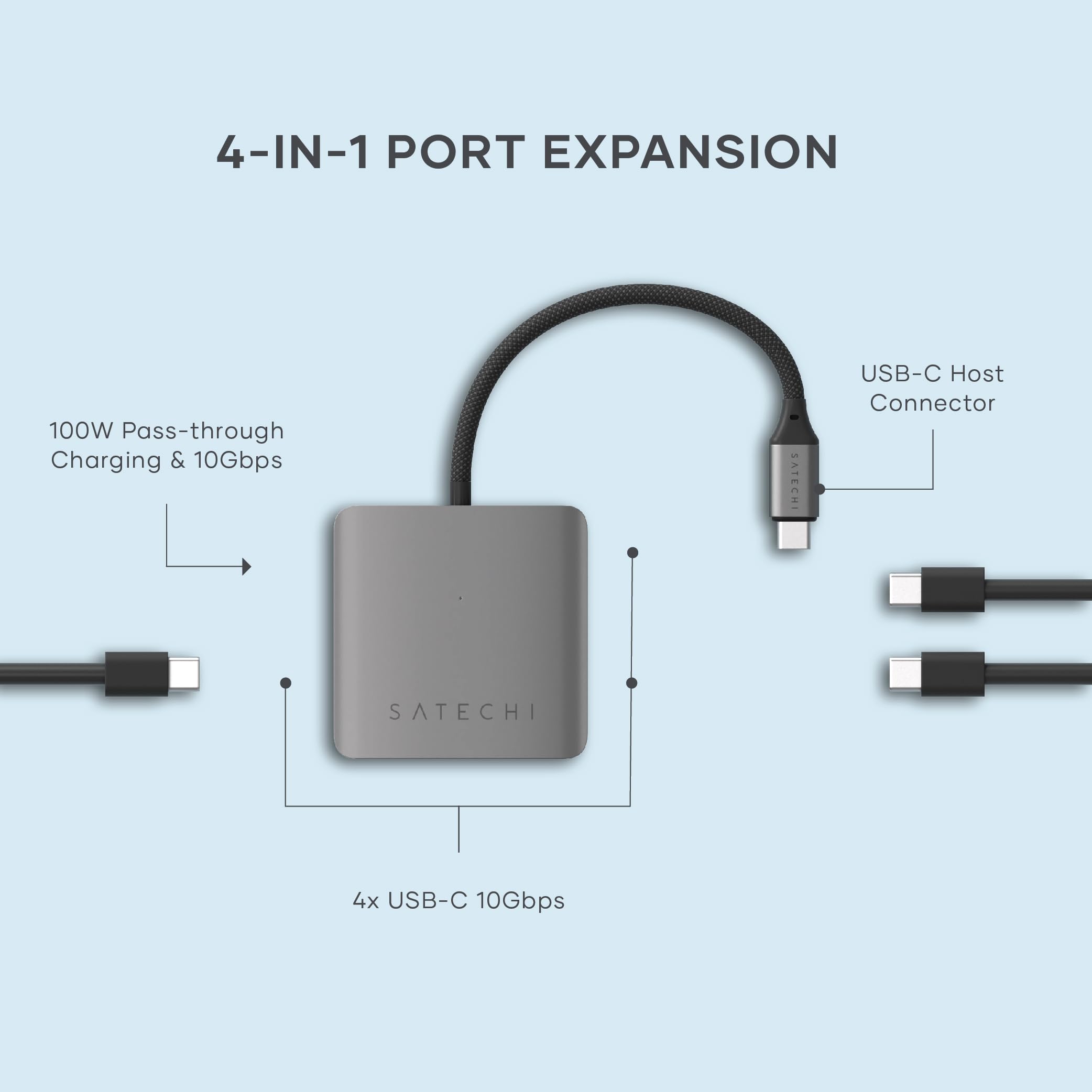 4-IN-1 PORT EXPANSION

100W Pass-through Charging & 10Gbps

SATECHI USB-C Host Connector

4x USB-C 10Gbps