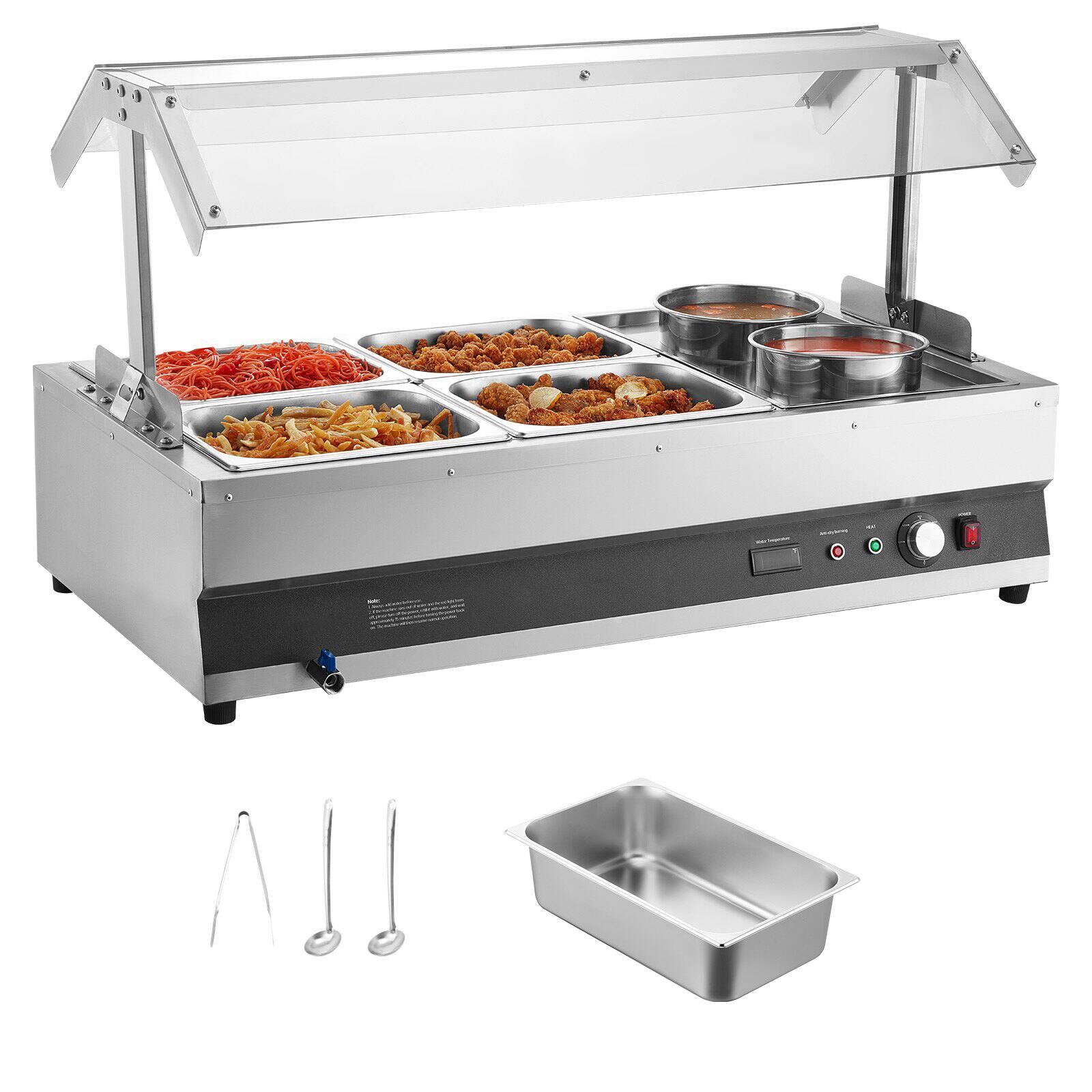 Front. Glintex - Electric Bain Marie Soup Station, 2 x 6.34Qt Pots & 4 Half Pans, 1500W, 86-185°F Temp Control - Silver.