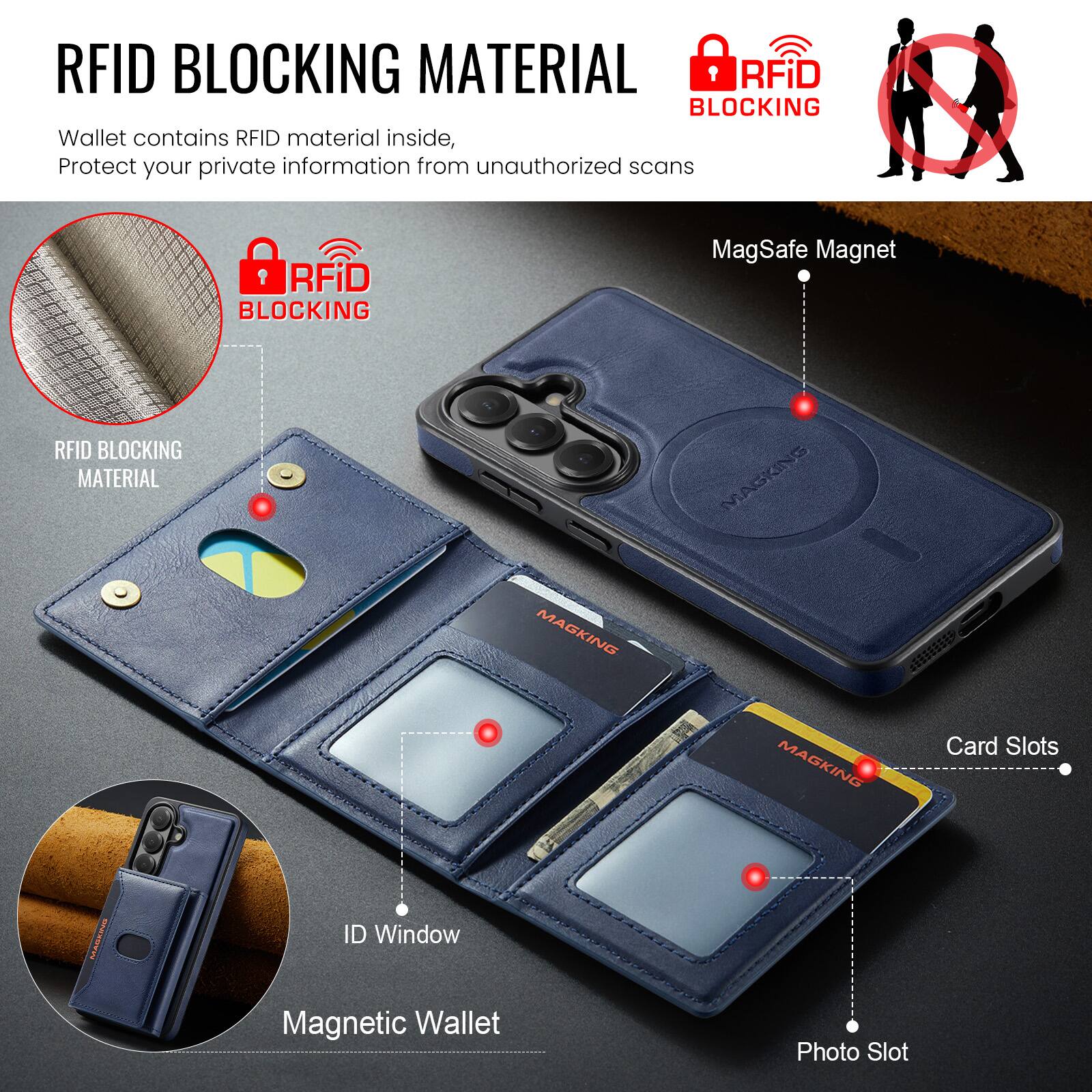 RFID BLOCKING MATERIAL  
RFiD BLOCKING Wallet contains RFID material inside, Protect your private information from unauthorized scans

RFiD BLOCKING  
MagSafe Magnet  
RFID BLOCKING MATERIAL  
MAGKING  
MAGKING MAGKING  
Card Slots  
MASKING  
ID Window Magnetic Wallet  
Photo Slot