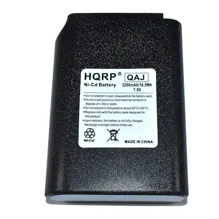 HQRP QAJ Ni-Cd Battery 2200mAh/16.5Wh 7.5V
Do not attempt to open, disassemble the battery pack. Do not crush, puncture, short external contacts or dispose of in fire or water. Do not expose to temperature above 60°C (140°F). Replace only with the battery pack designed for this product. Upon delivery, the battery is not fully charged. Recharge overnight before initial use.
NI-Cd MADE IN CHINA