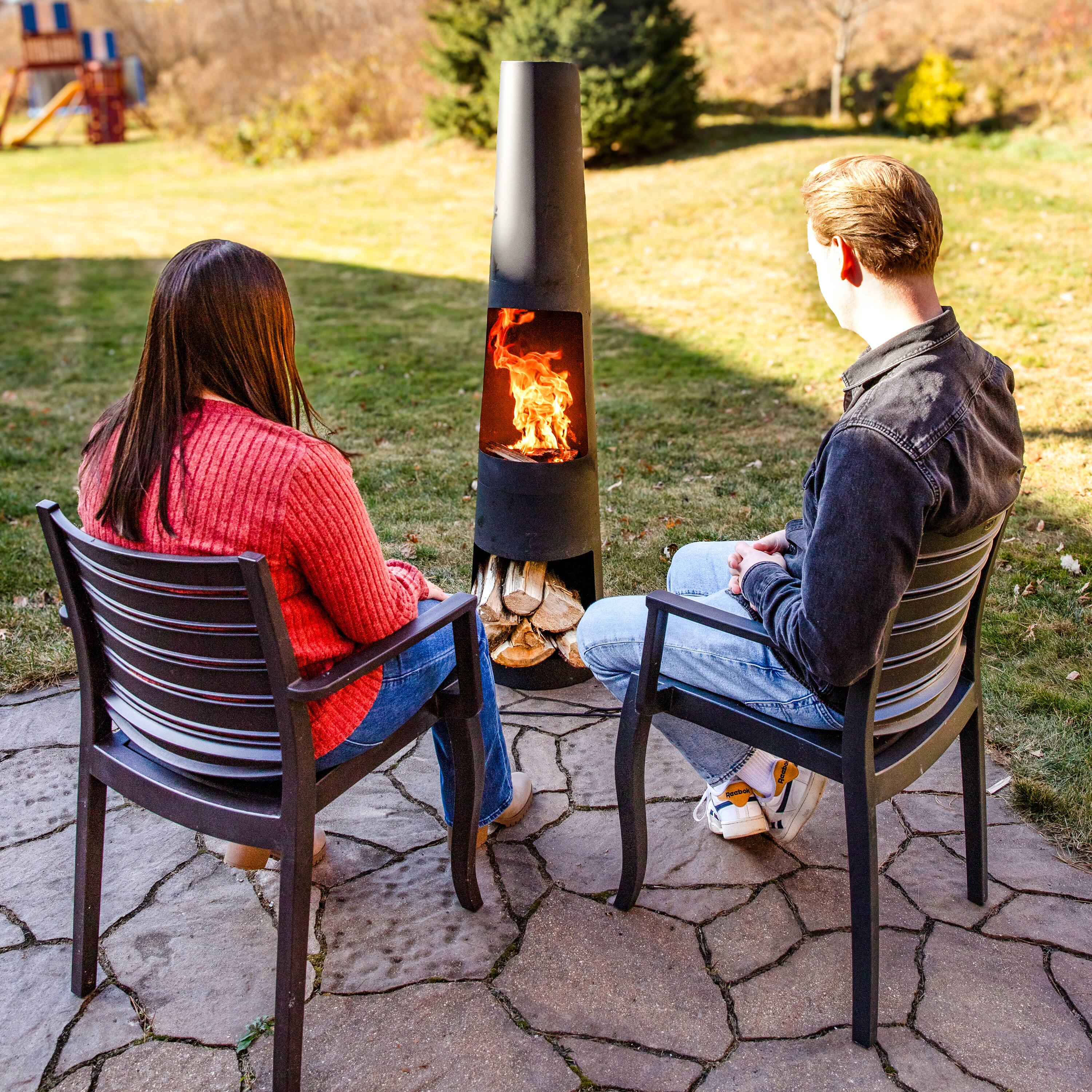 Alt View 4. Sunnydaze - 59" H Steel Chiminea with Log Holder - Black.
