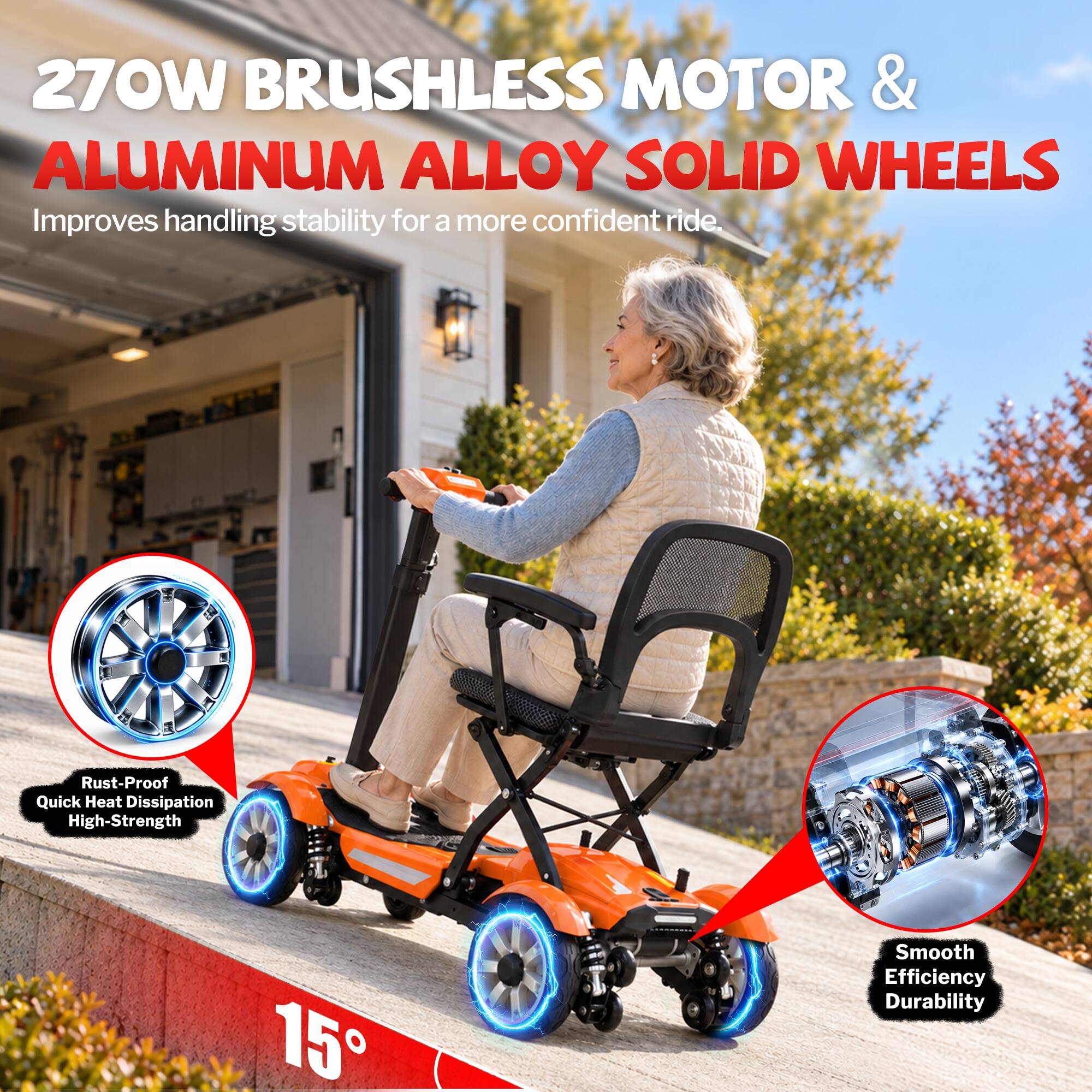 270W BRUSHLESS MOTOR & ALUMINUM ALLOY SOLID WHEELS  
Improves handling stability for a more confident ride.  

Rust-Proof Quick Heat Dissipation High-Strength  

Smooth Efficiency Durability