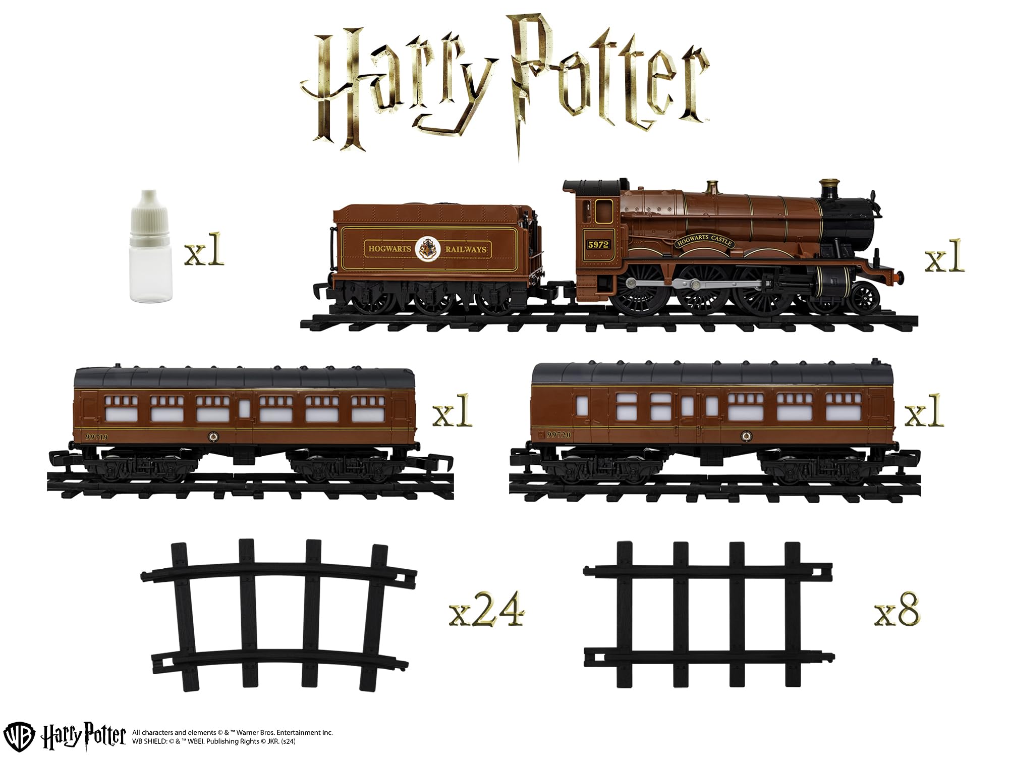 Harry Potter  
HOGWARTS RAILWAYS  
5972  
HOGWARTS CASTLE  

xl  
x1  
x1  
x1  
x1  
x24  
x8  

All characters and elements © & ™ "Warner Bros. Entertainment Inc. WB SHIELD: © & ™ "WBEL". Publishing Rights d J.K.R. (624)