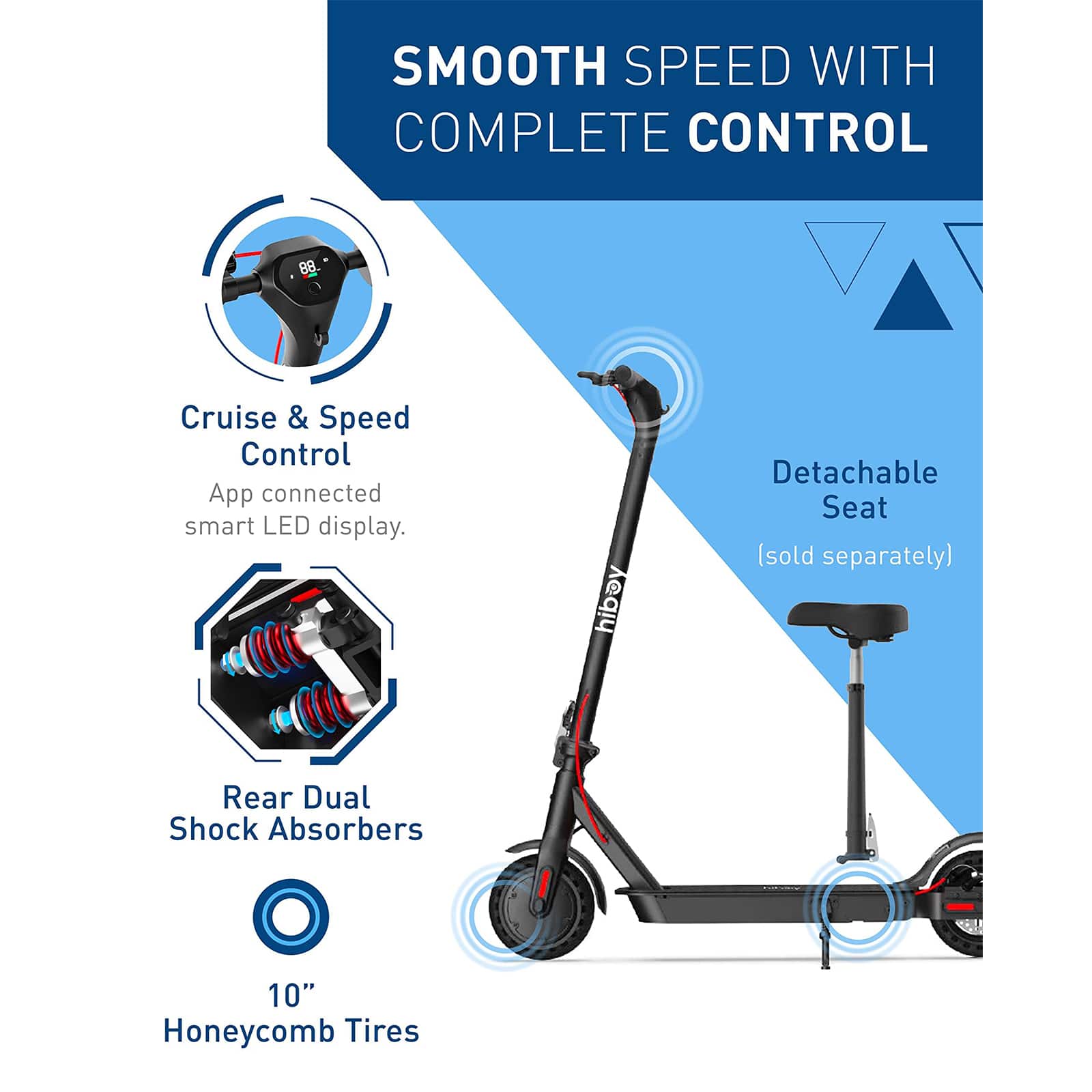 Smooth Speed with Complete Control: 88 Cruise & Speed Control App connected smart LED display. Detachable Seat (sold separately). Rear Dual Shock Absorbers. 10" Honeycomb Tires.