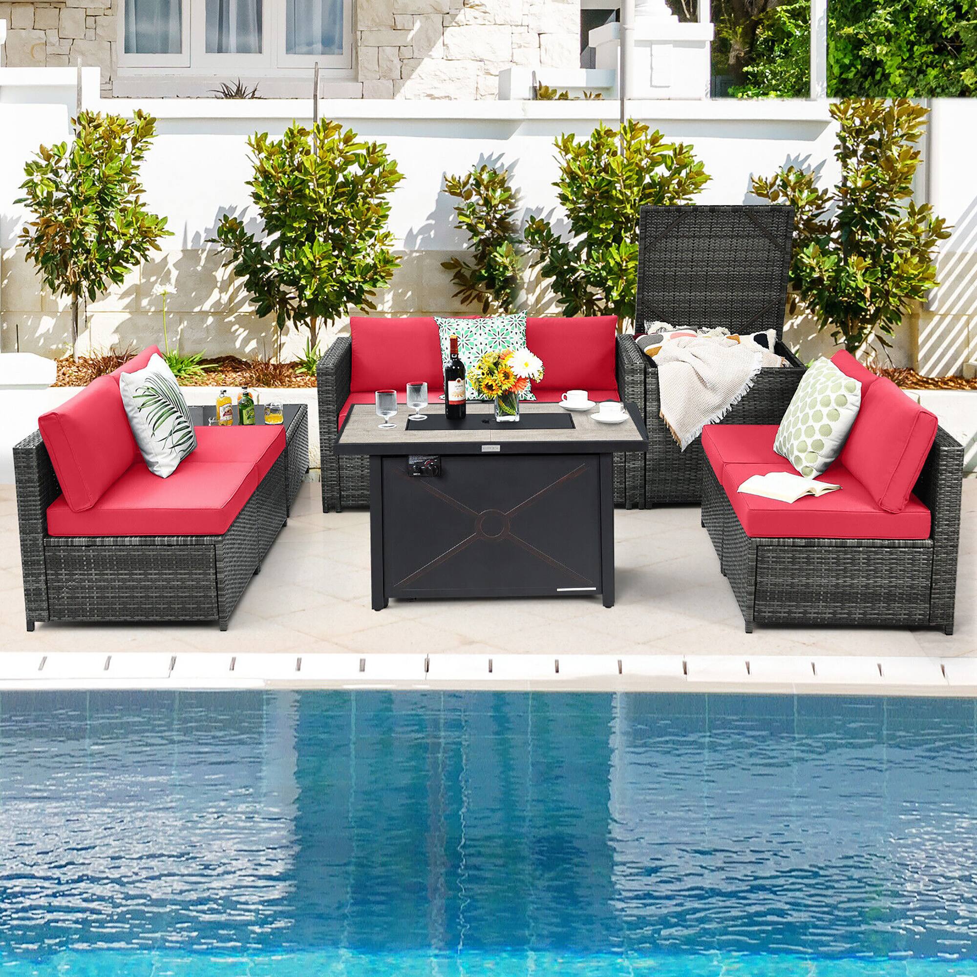 Alt View 3. Gymax - Gymax 9 PCS Patio Rattan Furniture Set Fire Pit Table Storage Black W/ Cover Red - Red.