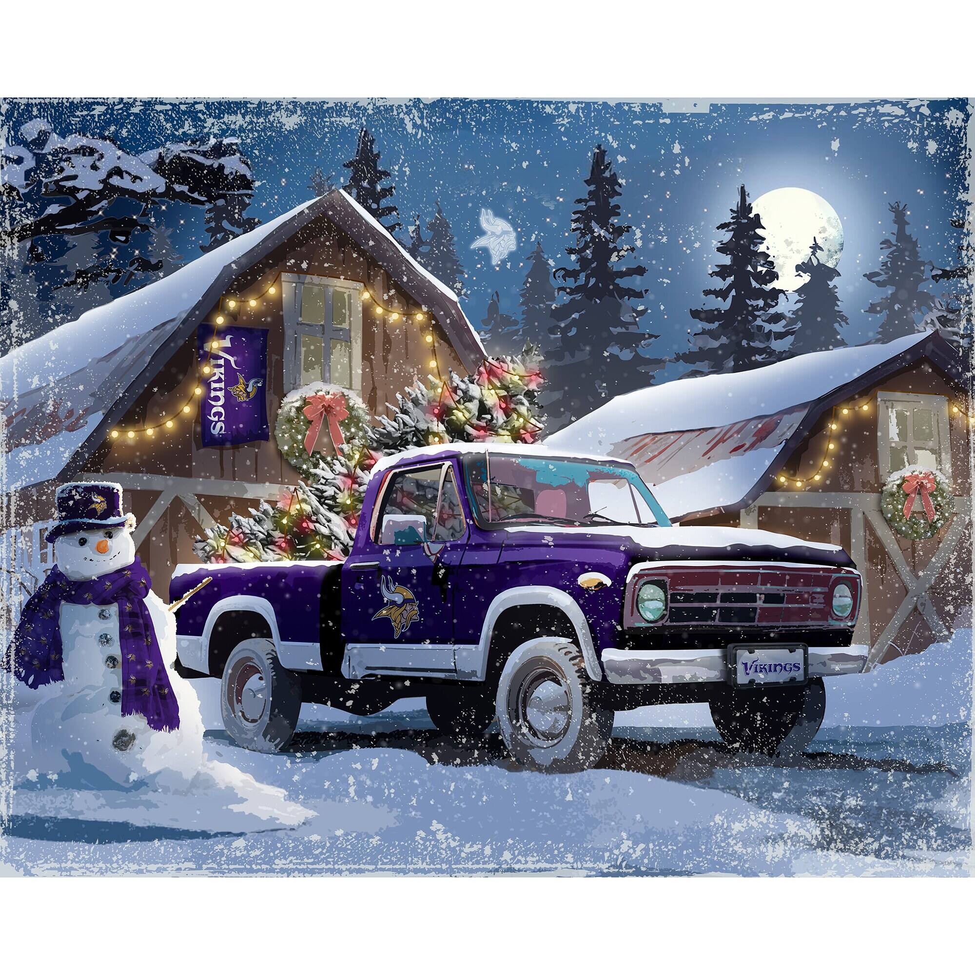 The text in the image reads:

- "VIKINGS" (on the banner and the license plate of the truck)
- "VIKINGS" (on the scarf of the snowman)
