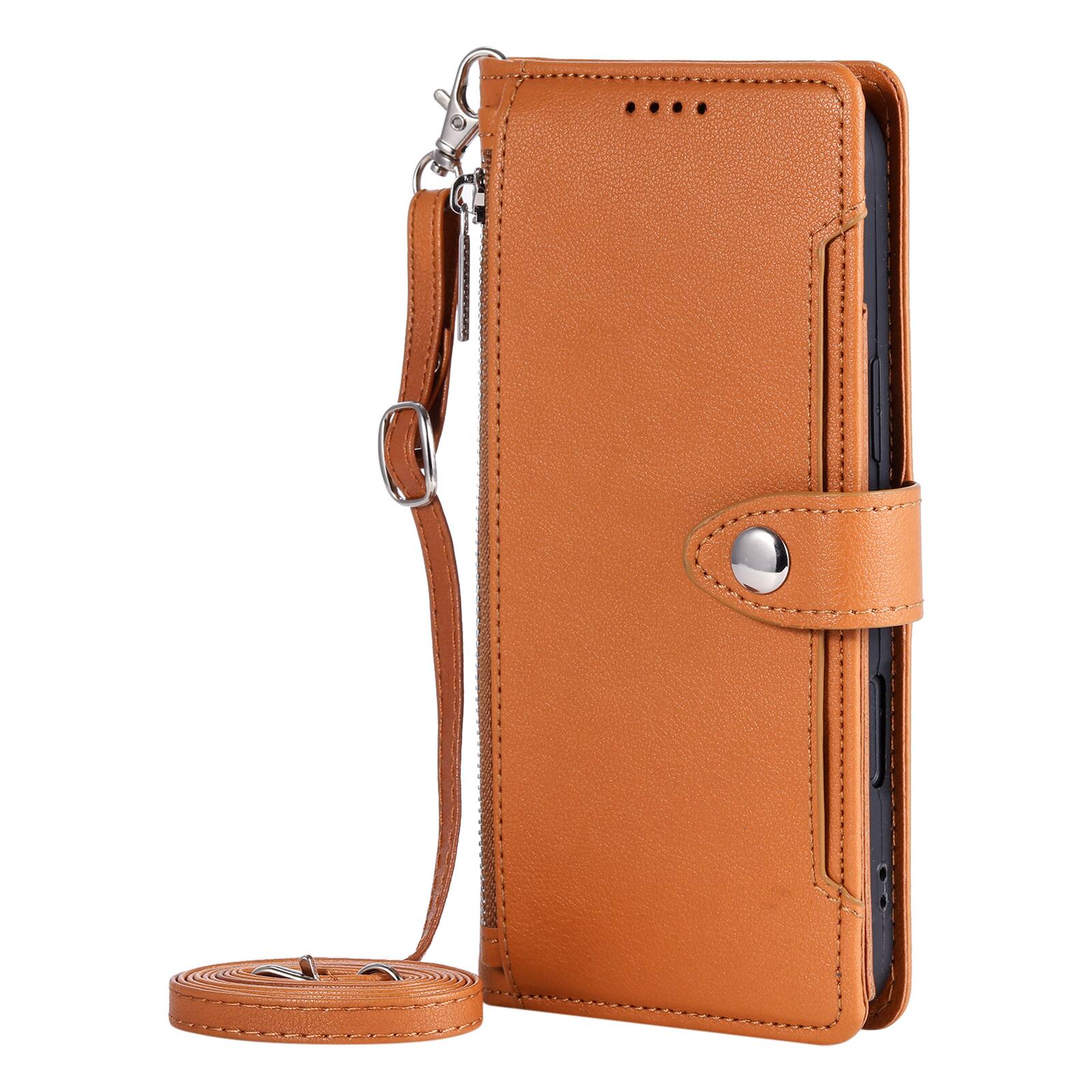 Angle. Dteck - Wallet Case for Samsung Galaxy A56 Crossbody Premium Leather Flip Kickstand Zipper Card Slot Cover With Strap+Lanyard - Brown.