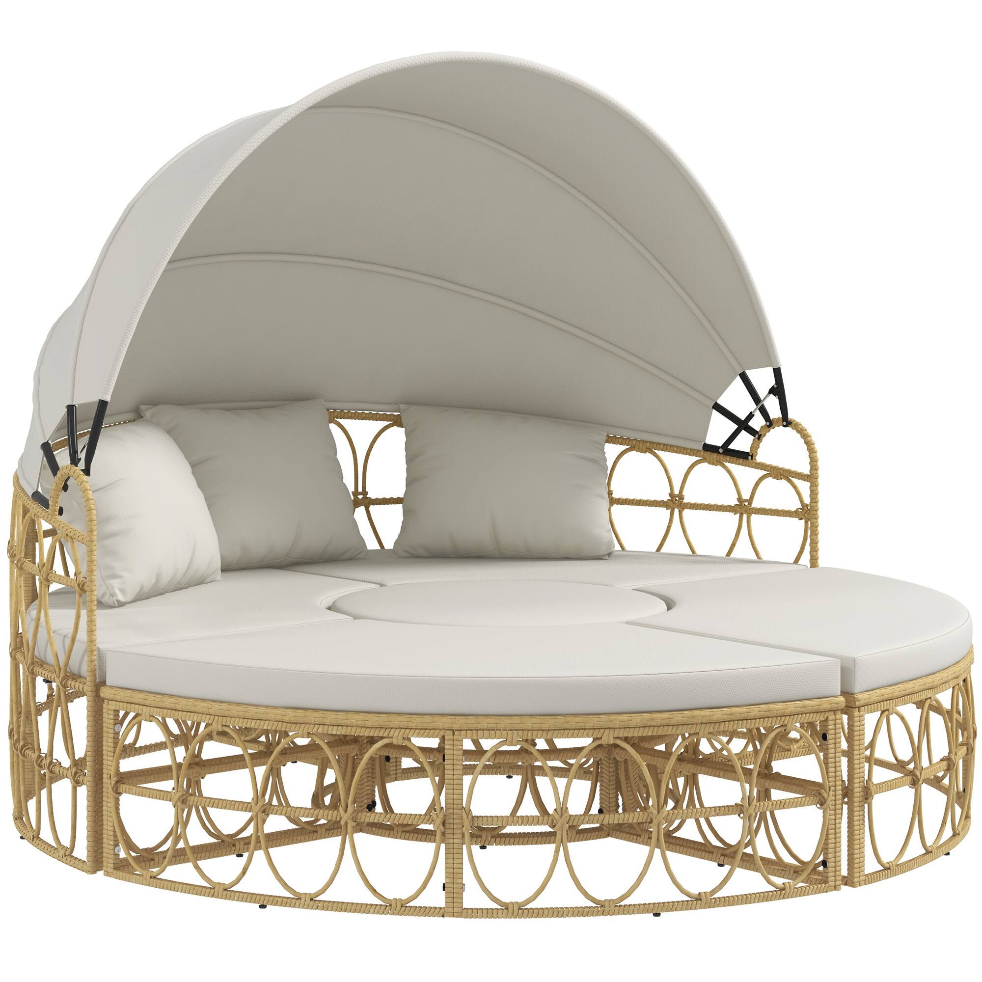 Front. Outsunny - Patio Furniture Set, Round Outdoor Daybed with Retractable Canopy, Hollow Wicker PE Rattan Sectional Sofa - Cream White.