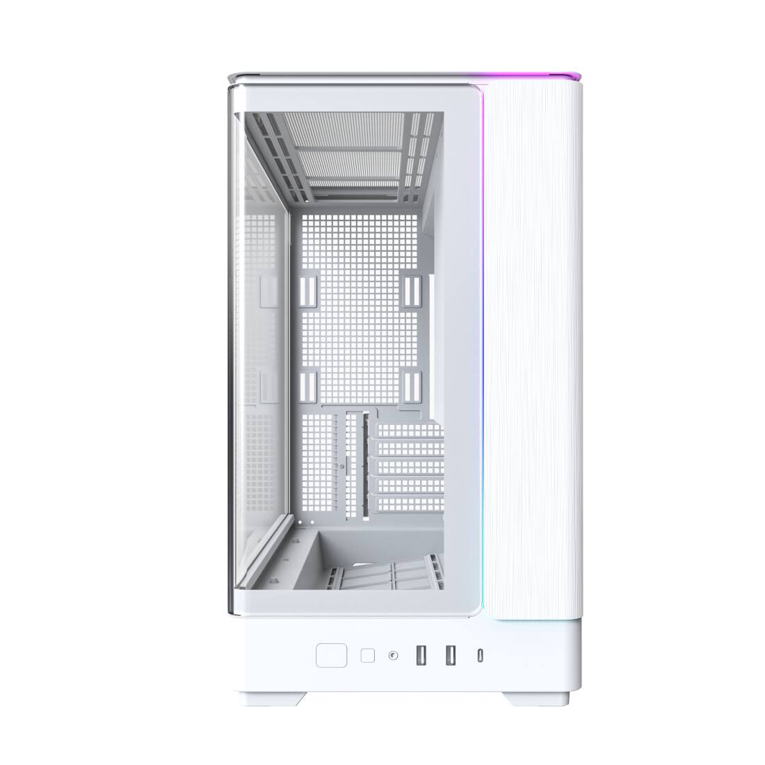 Angle. Montech - KING 15 Micro-ATX PC Case, Curved Panoramic Glass, 360mm Radiator Support, Compact Build for High-Performance Systems - white.
