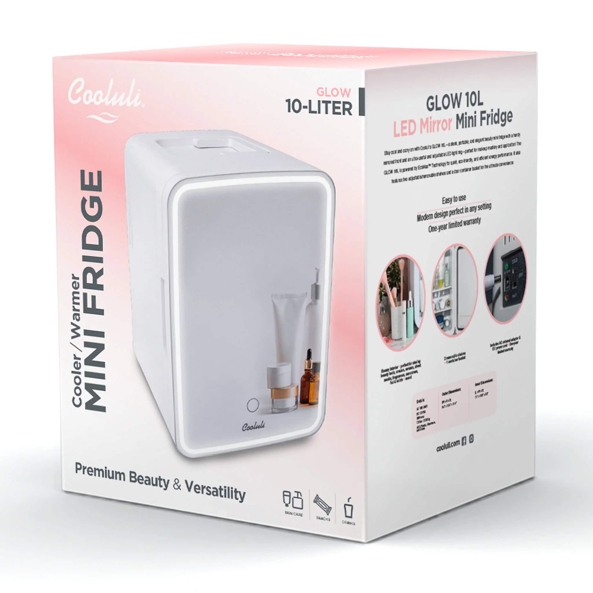 Cooluli Glow 10-Litre Mini Fridge. Premium Beauty & Versatility. -Tracis - Glow 10L LED Mirror Mini Fridge -S a a -ce E - DAT . te an - 10 R -pine - KEK LS Temeng L . - . - 1 a a Easy I pertect it setting Modemn design limited warranty One-year - - DER - WA aoolal.com