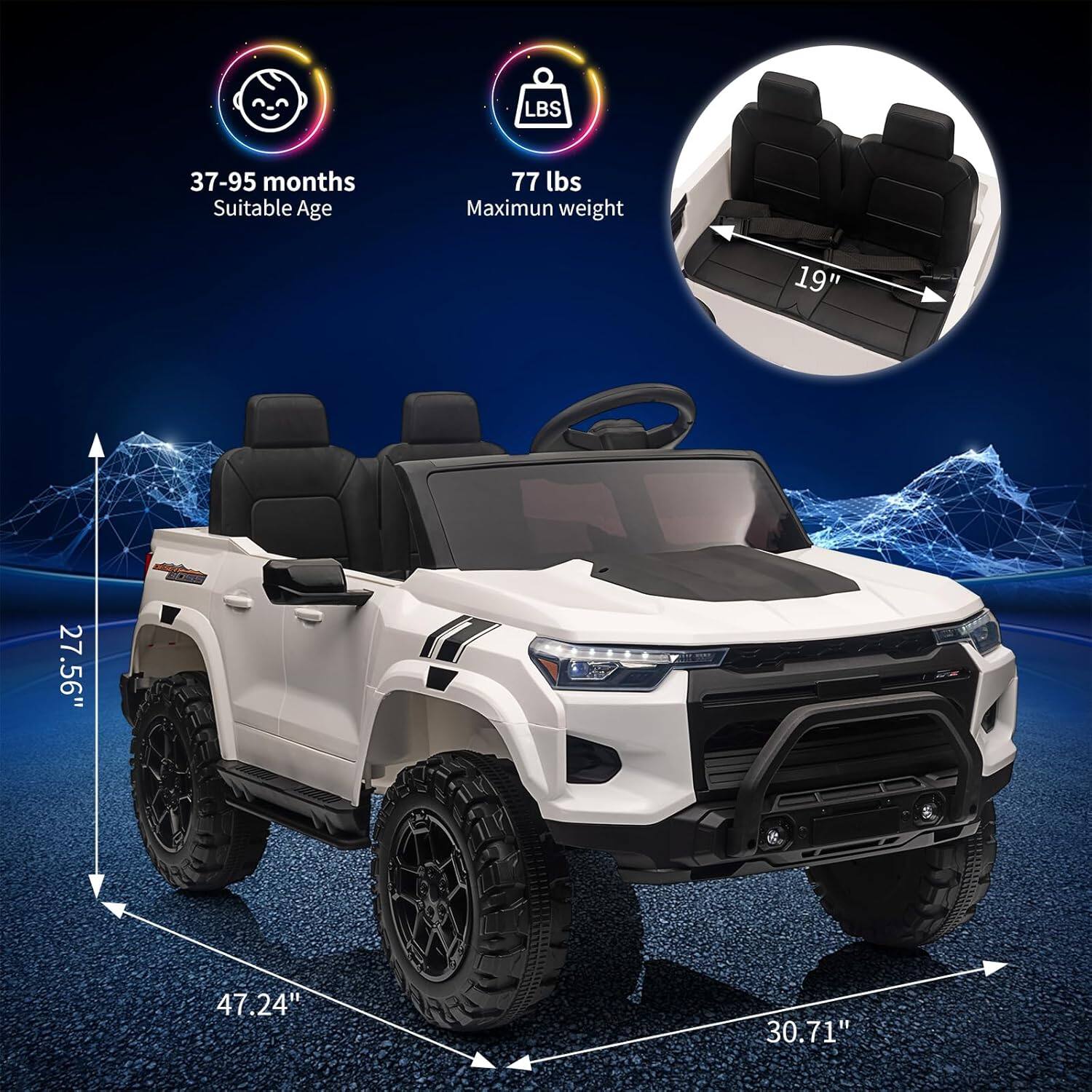 - Suitable Age: 37-95 months
- Maximum weight: 77 lbs
- Dimensions:
  - Length: 47.24"
  - Width: 30.71"
  - Height: 27.56"
  - Seat width: 19"