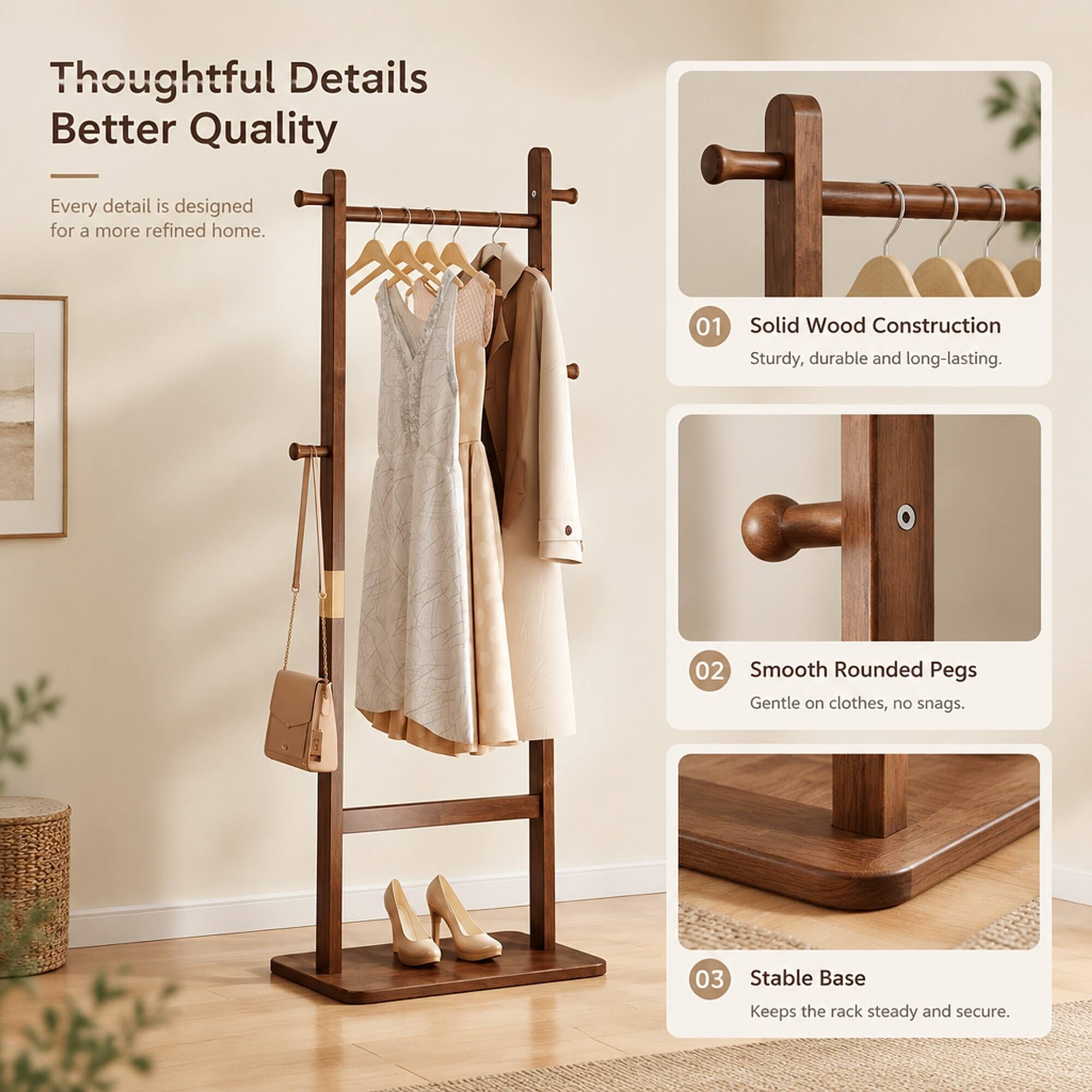 RYHNUYNE Solid Wood Coat Rack, 23.6 x 11 x 71 in, Finish, Sturdy Space ...