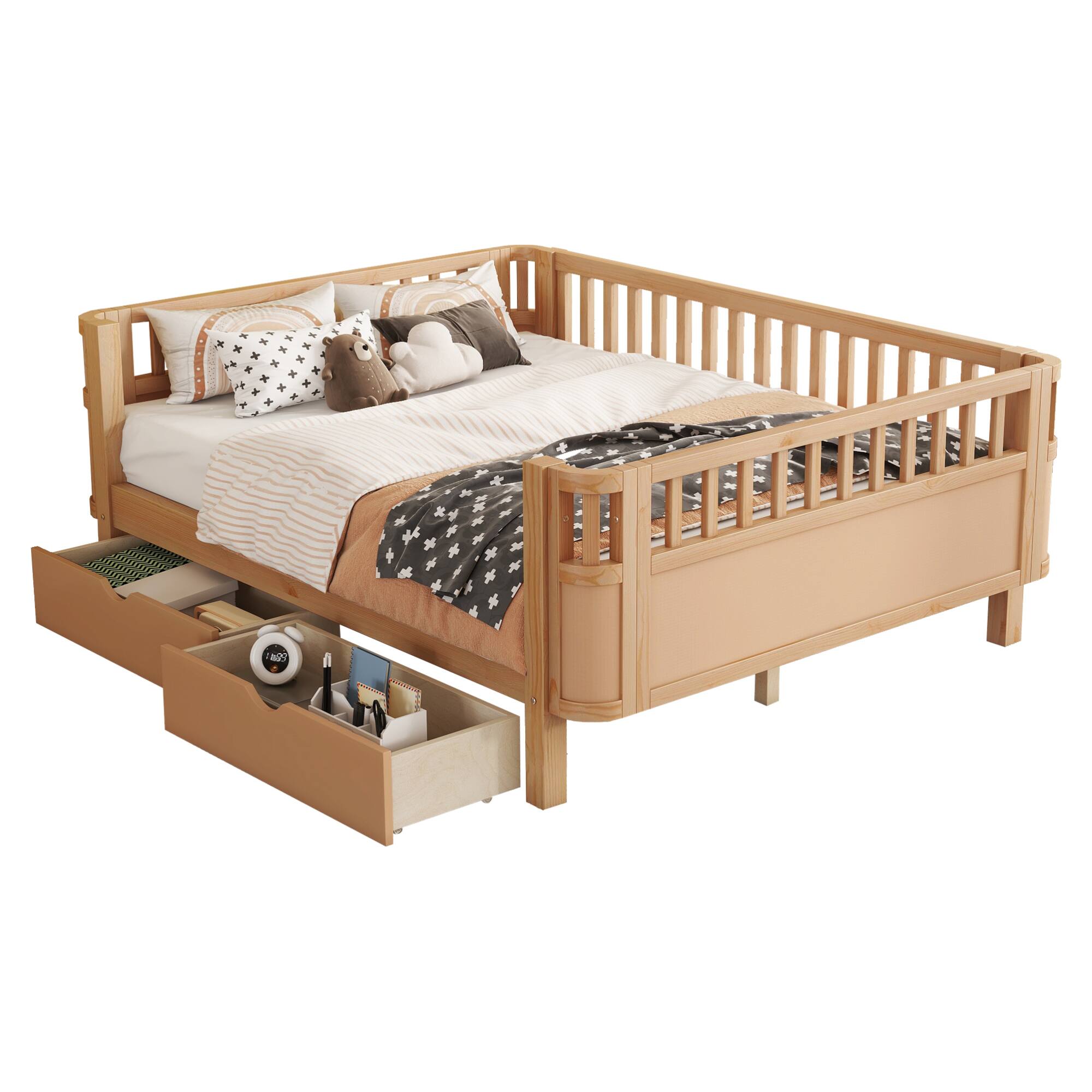 Alt View 9. GOODSILO - Full Size Wood Platform Bed with Safety Rails for Children's Rooms, Sturdy Low Profile Design for Kids and Teens - Natural.