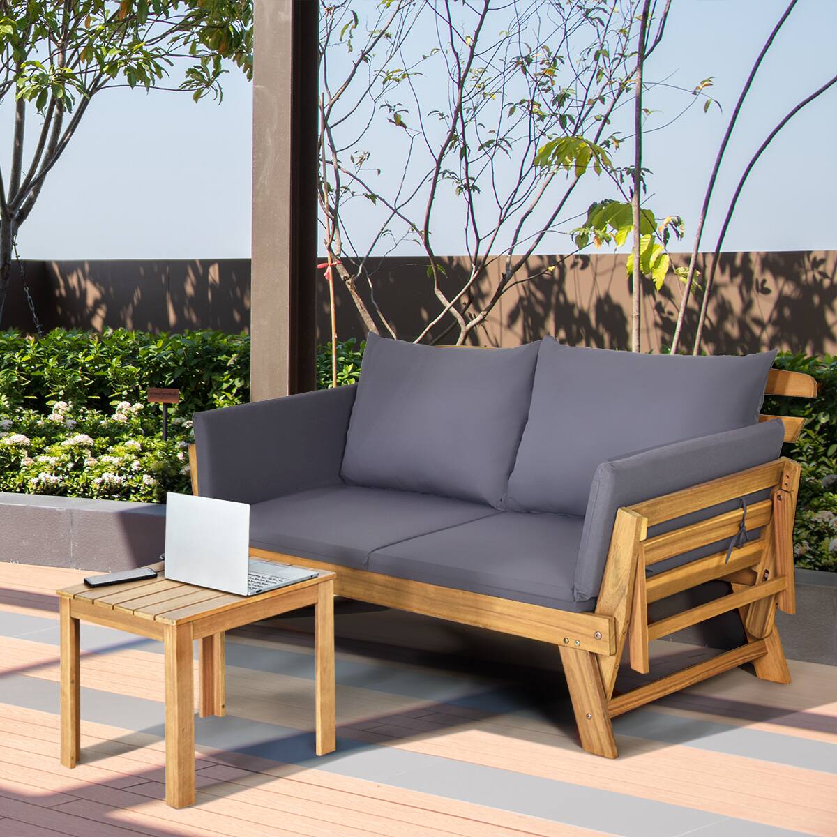 Alt View 4. Costway - Costway Patio Sofa Daybed Wood Adjustable Furniture W/Thick Cushion - Dark Grey.