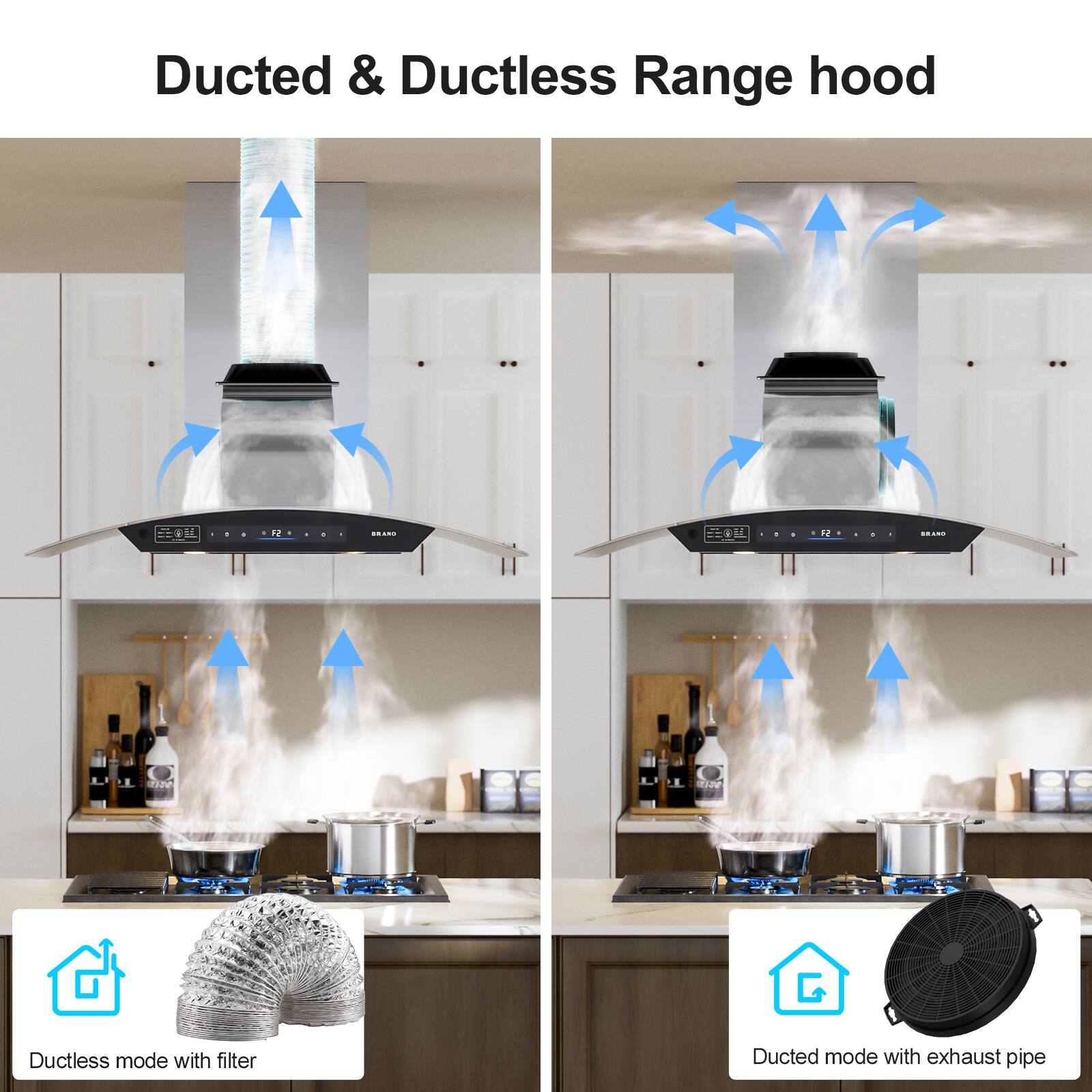 Ducted & Ductless Range hood

- Ductless mode with filter
- Ducted mode with exhaust pipe