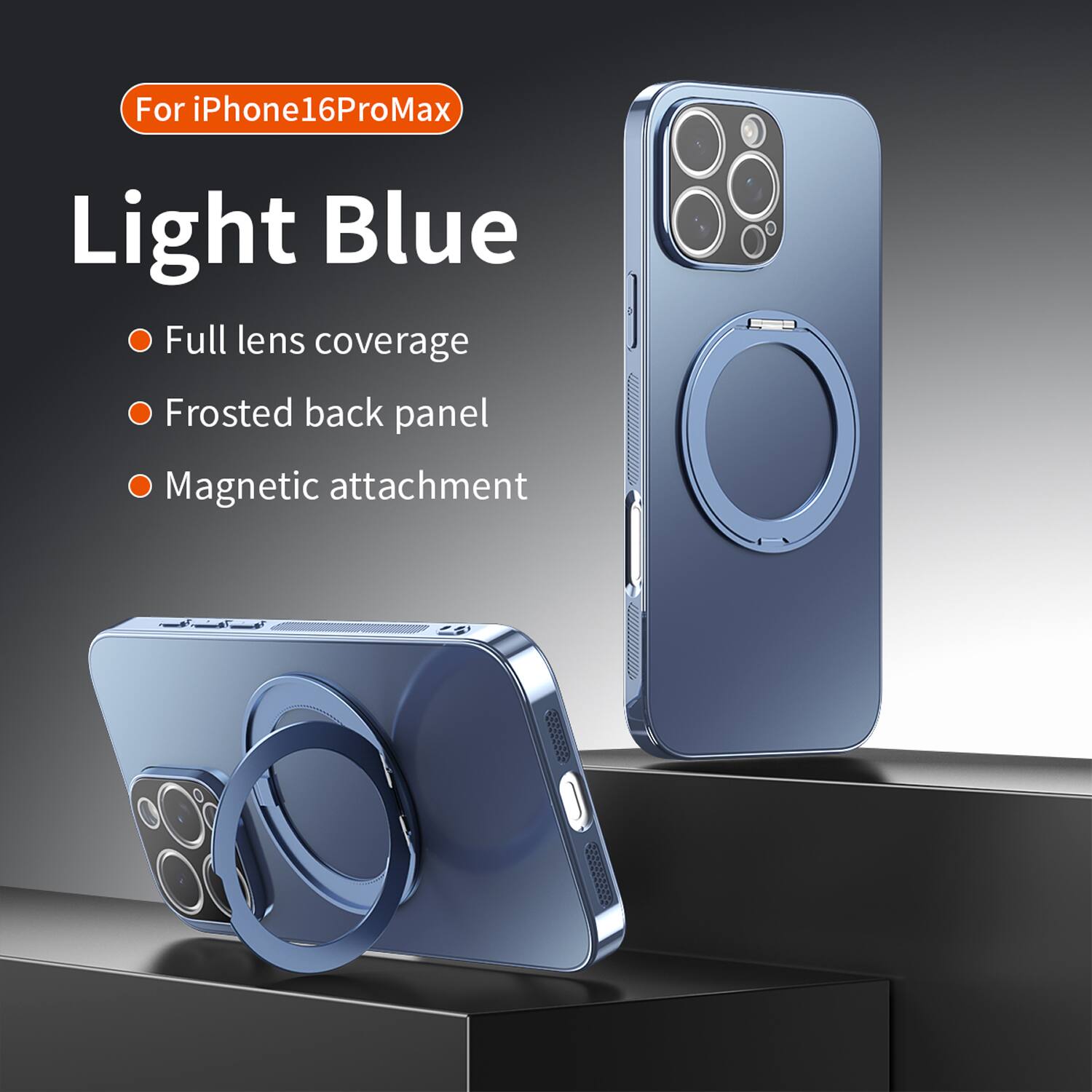 For iPhone16ProMax Light Blue Full lens coverage Frosted back panel Magnetic attachment