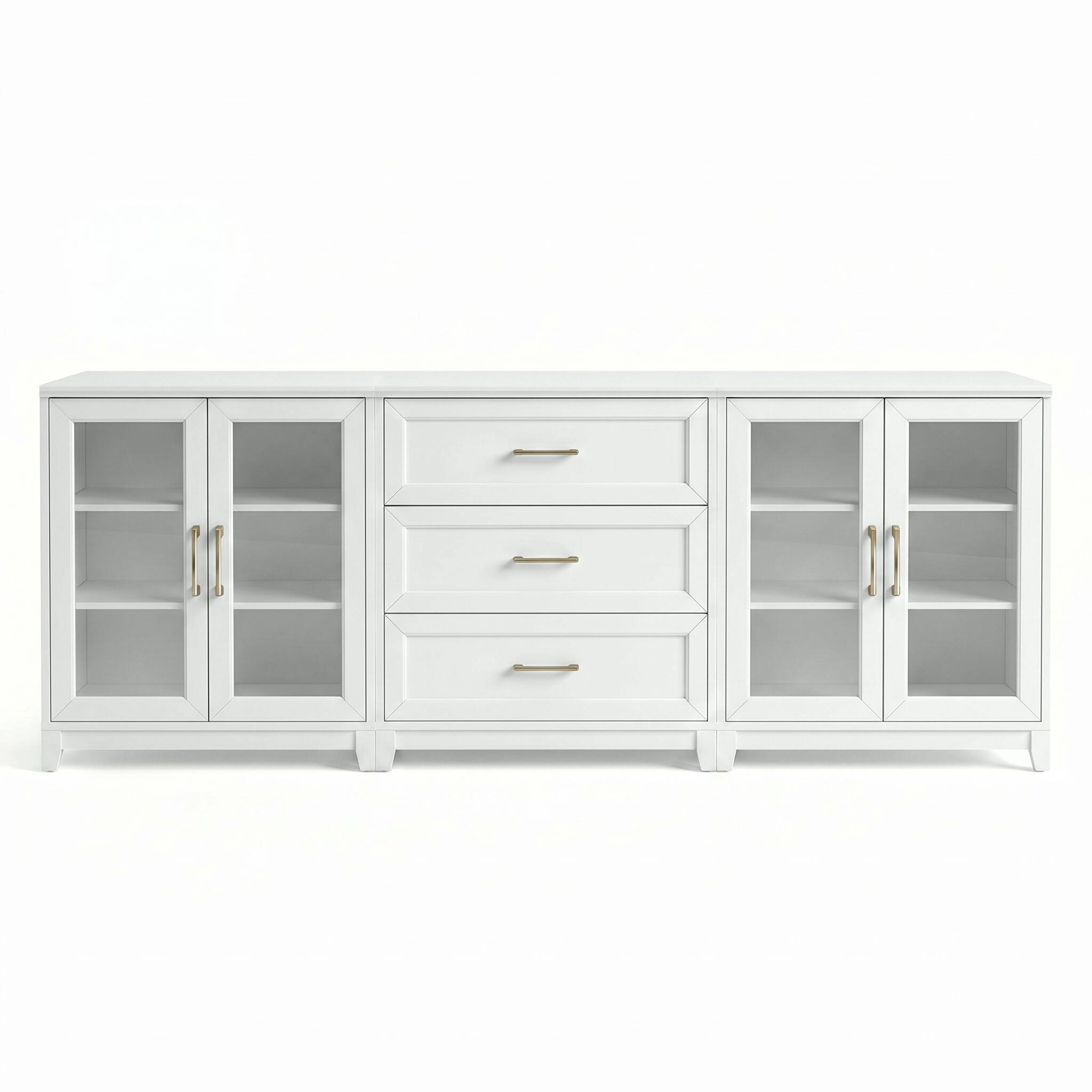 Alt View 1. Martha Stewart - Bedford 2-Piece Modular Cabinet and 3-Drawer Base Cabinet Set with Premium Hardware, Soft-Close Glass Doors - White Frame/Gold Hardware.