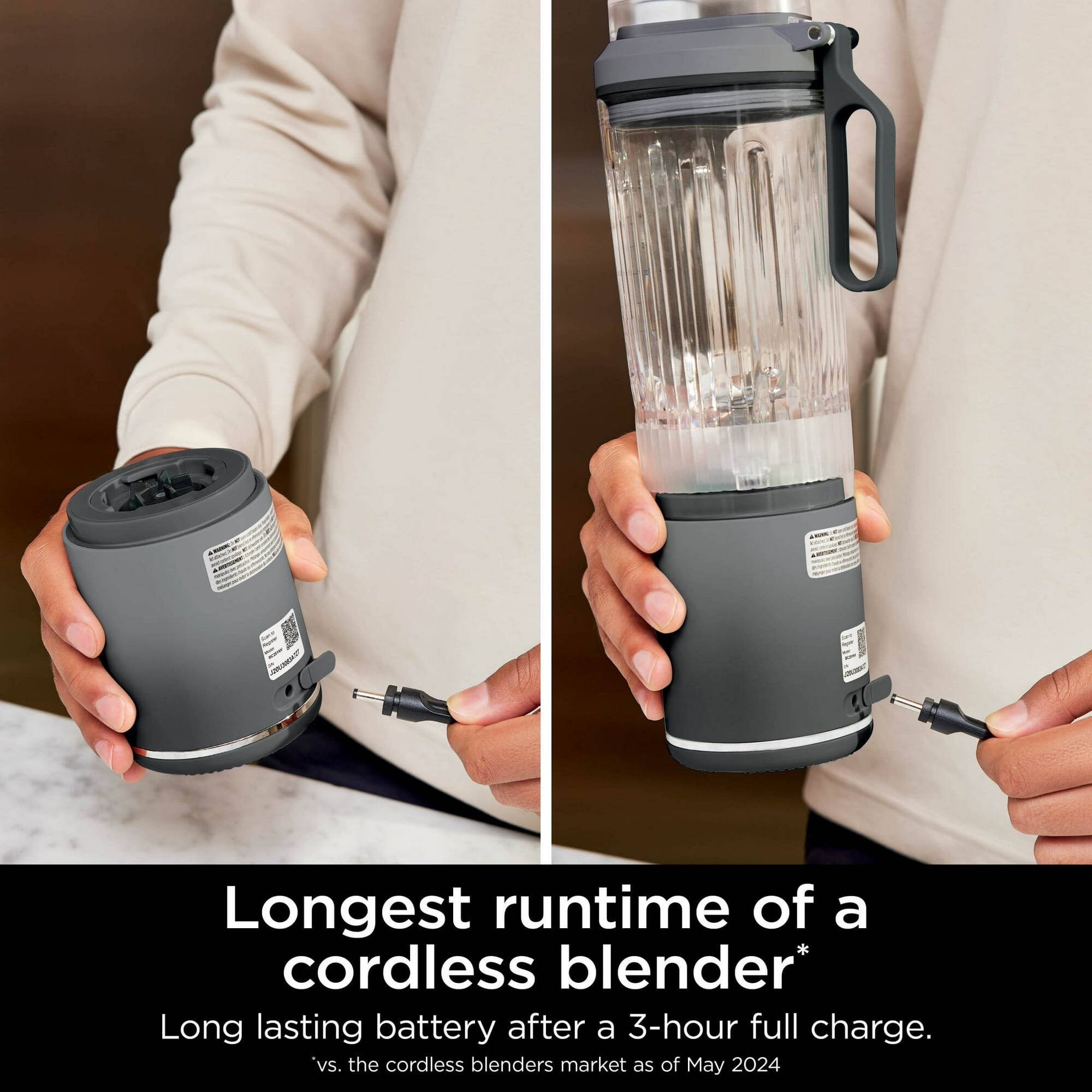 Longest runtime of a cordless blender*  
Long lasting battery after a 3-hour full charge.  
*vs. the cordless blenders market as of May 2024