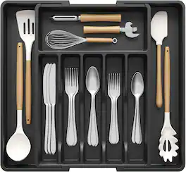Giantpower - Silverware Drawer Organizer, Expandable Utensil Tray for Kitchen, Adjustable Plastic Storage for Spoons Forks Knives - Black