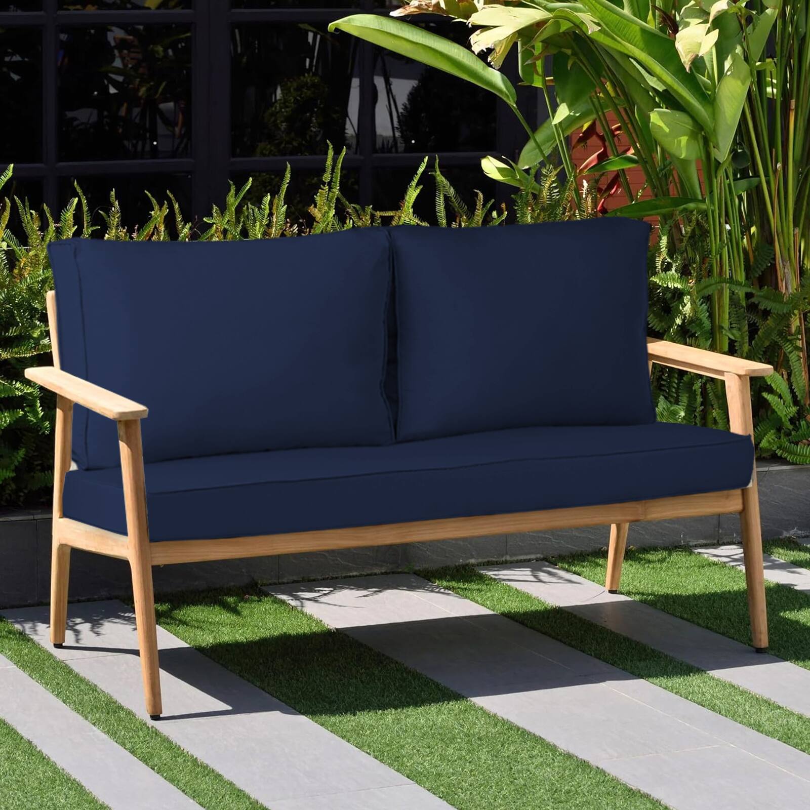 Alt View 1. Chateau Abodes - 48"x24" Outdoor Loveseat Cushion Set, Waterproof with Removable Cover, Straps & Zipper for Patio Chair, Sofa & Couch - Navy Blue.