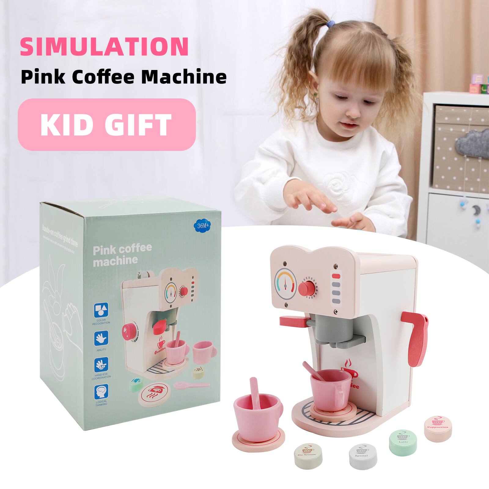 SIMULATION  
Pink Coffee Machine  
KID GIFT  

Pink coffee machine  

36M+  

- RECOGNITION  
- GONEON  
- ADIA D  
- LEE 7 AN  
- C I