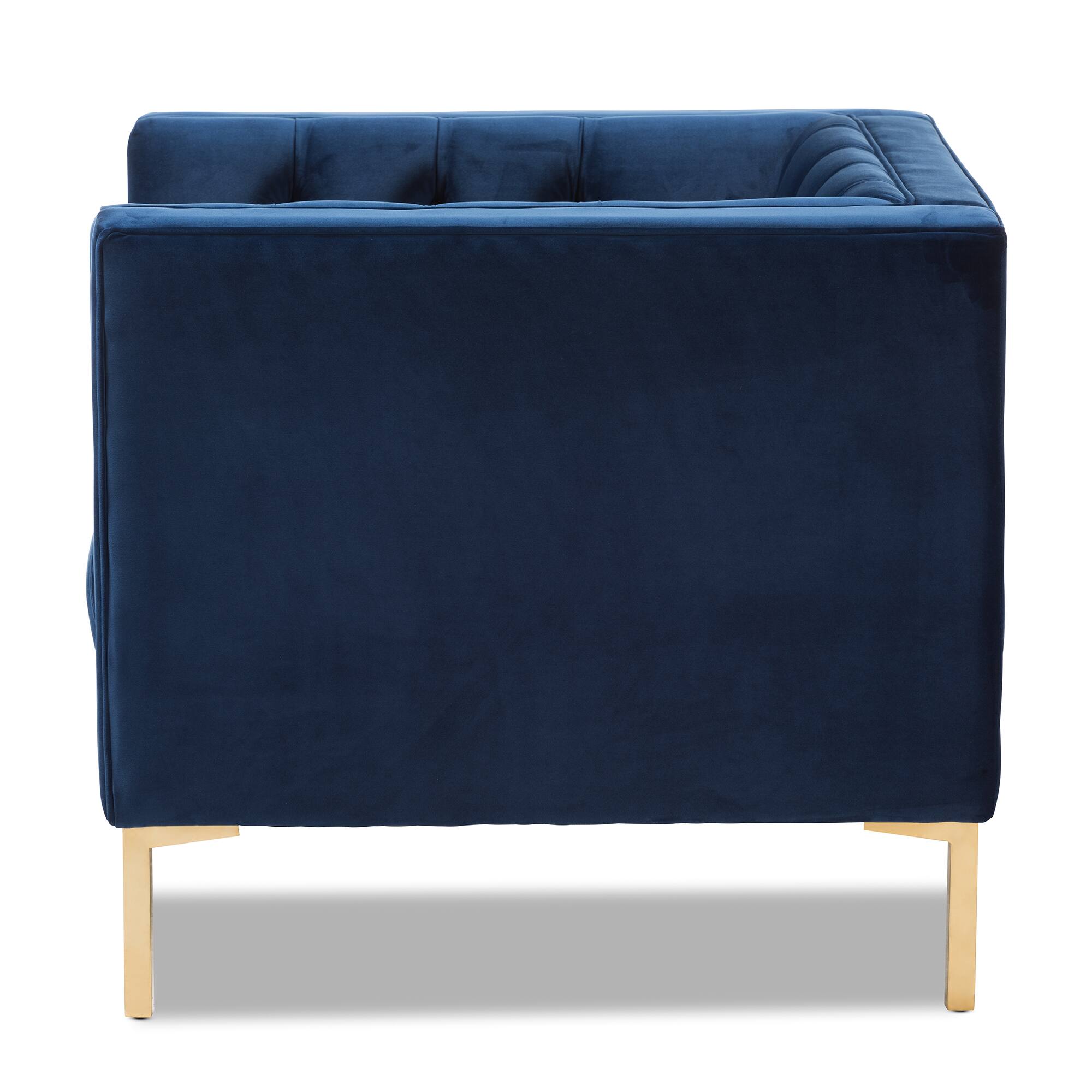 Left. Baxton Studio - Zanetta Luxe and Glamour Velvet Upholstered Gold Finished Lounge Chair - Blue.