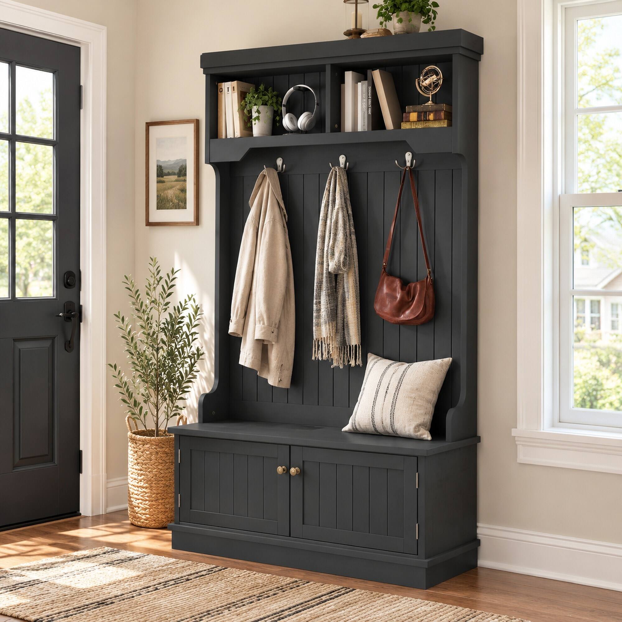 Angle. RYHNUYNE - 4-in-1 Hall Tree, Storage Shoe Bench, Coat Rack with Hooks, Black Entryway Organizer - Black.