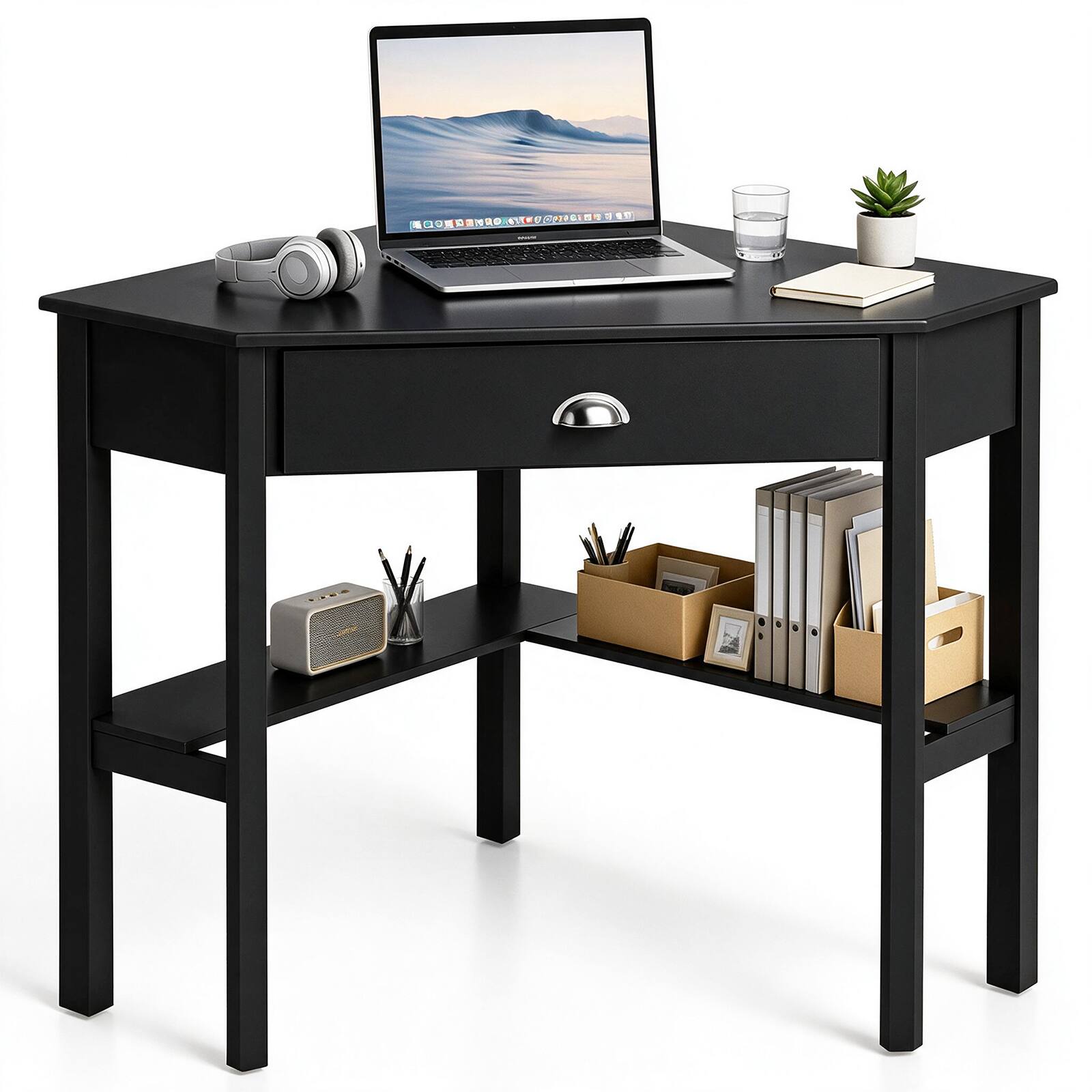 Angle. Costway - Corner Desk Space-saving Triangular Computer Desk with Storage Drawer & Shelf - Rustic Black.
