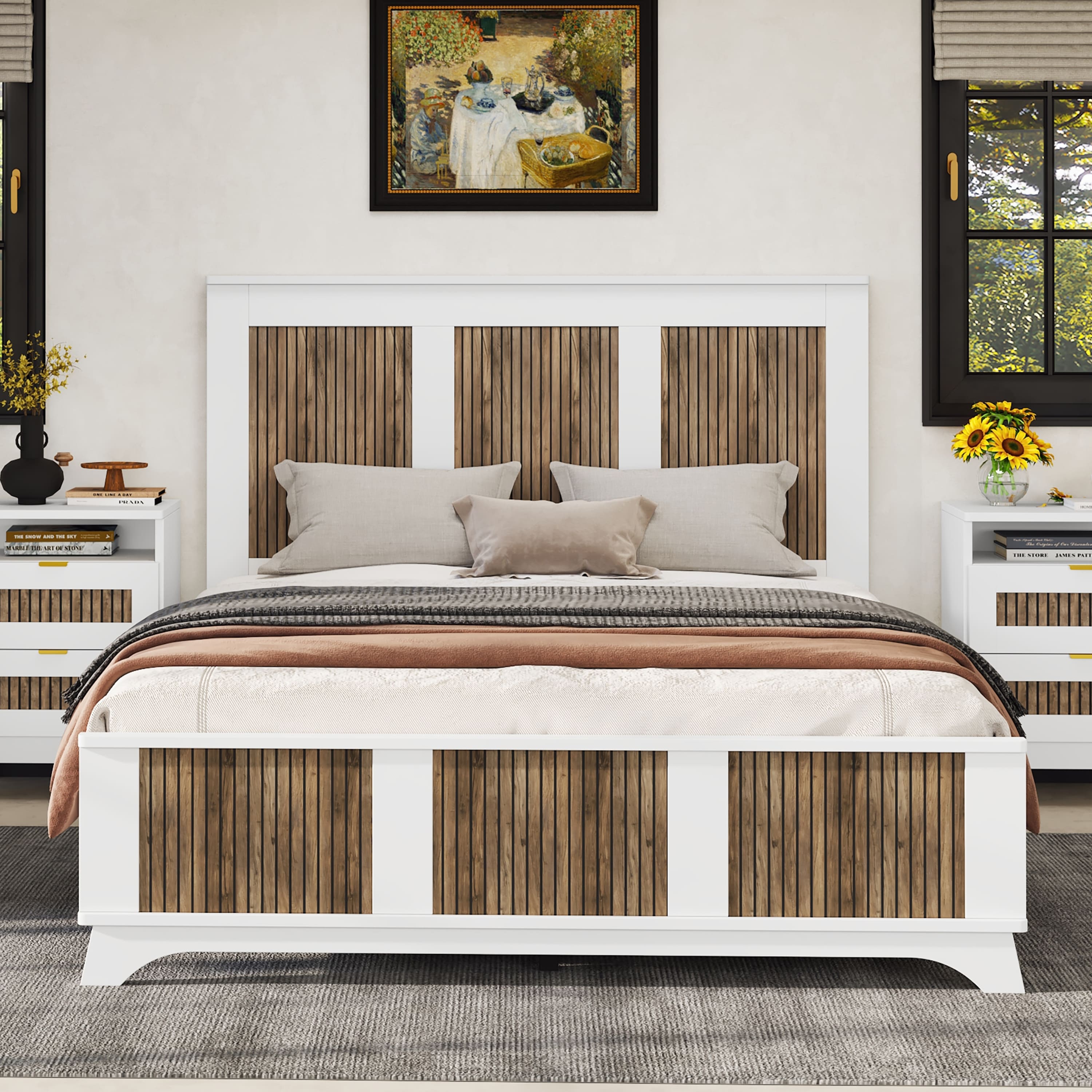 Tiramisubest - Wooden Platform Queen Size Bed, Modern Platform Bed with Wooden Strip Stickers Decoration, Plywood Slats Support, White - White